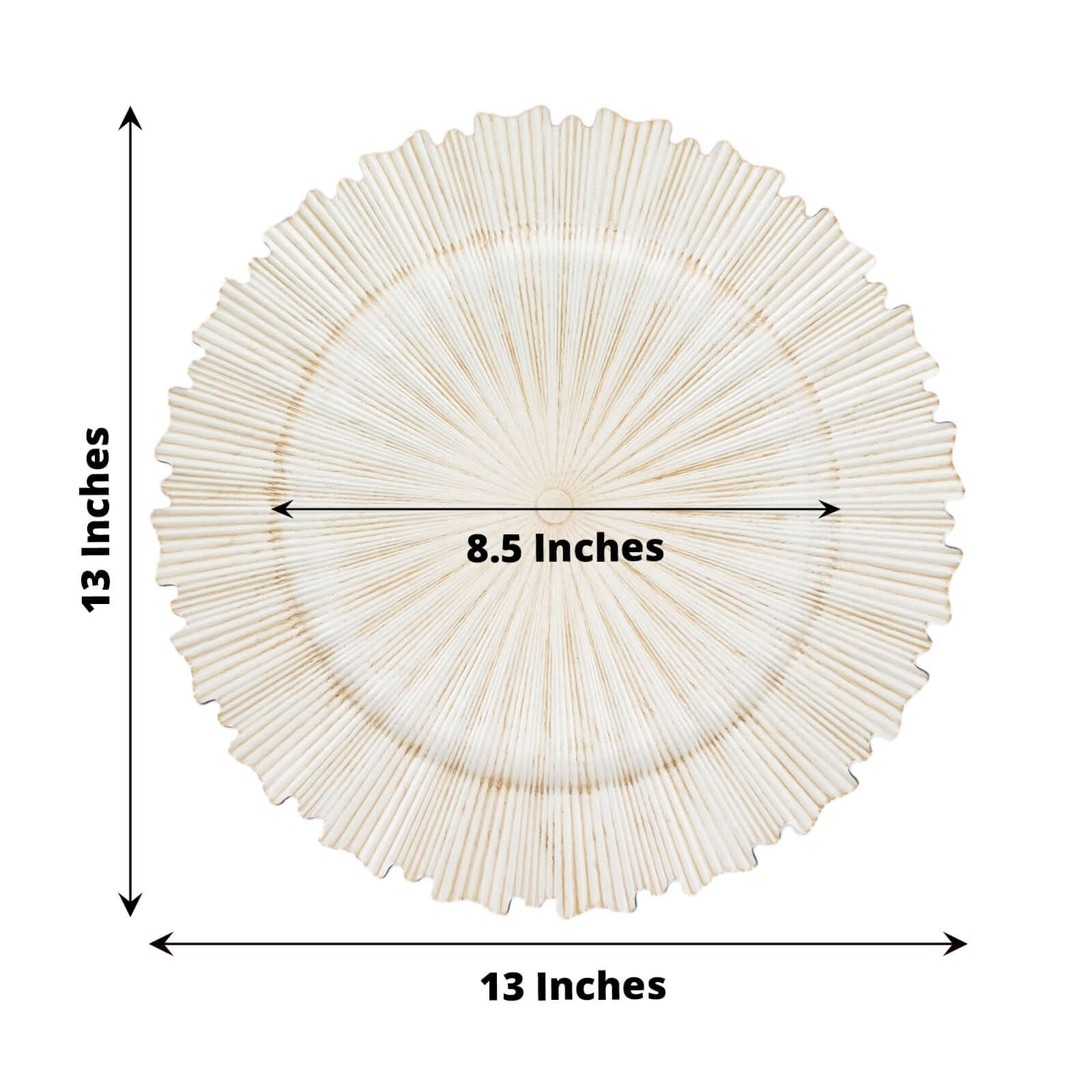 6-Pack Acrylic Plastic Round Charger Plates 13 in Antique White with Sunray Scalloped Rim, Decorative Dinner Party Charger Tableware