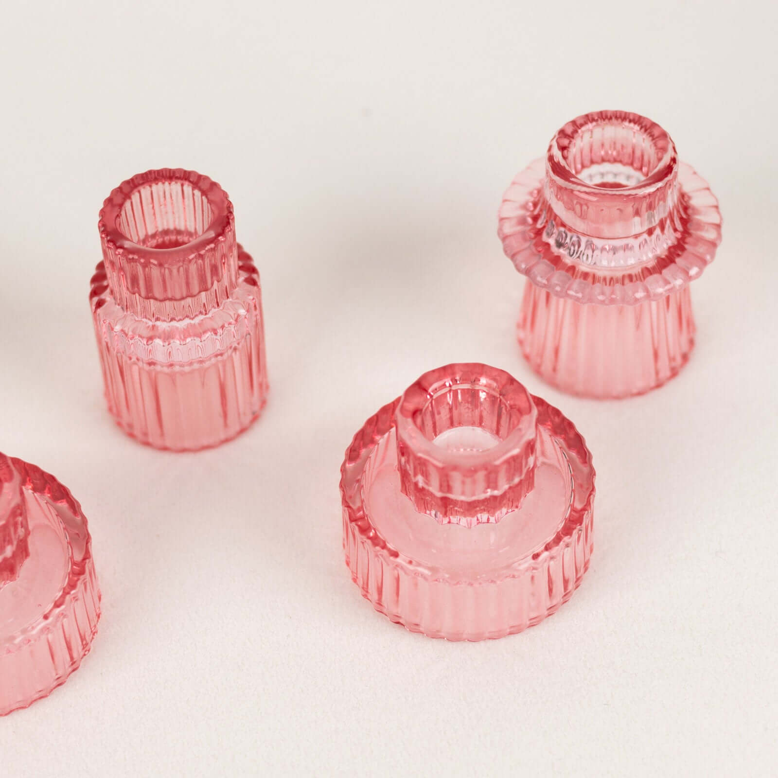 Set of 6 Glass Taper Candle Holders Ribbed Crystal Design Pink - Reversible Mini Votive Tealight Stands 3