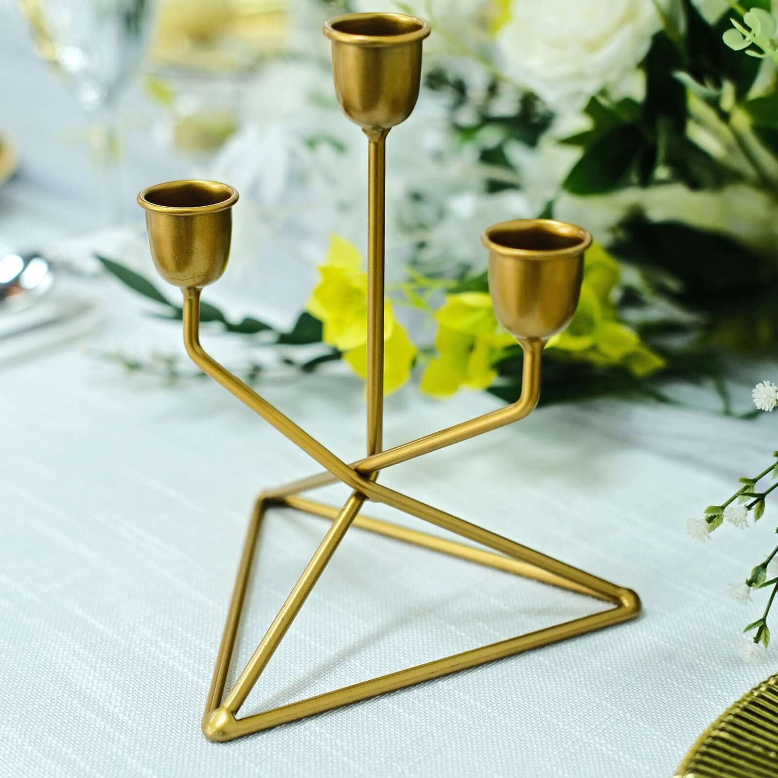 2-Pack Triangle Base Geometric Taper Candelabra 3 Arm Candle Holder Design Gold Metal - Decorative Centerpiece 7