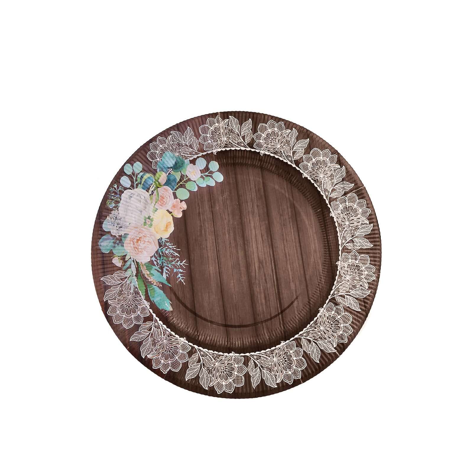 25-Pack Paper 8 Round Dessert Plates in Brown Wood Print with Floral Lace Rim - Disposable Salad Appetizer Plates for Farmhouse Events & Rustic Themes