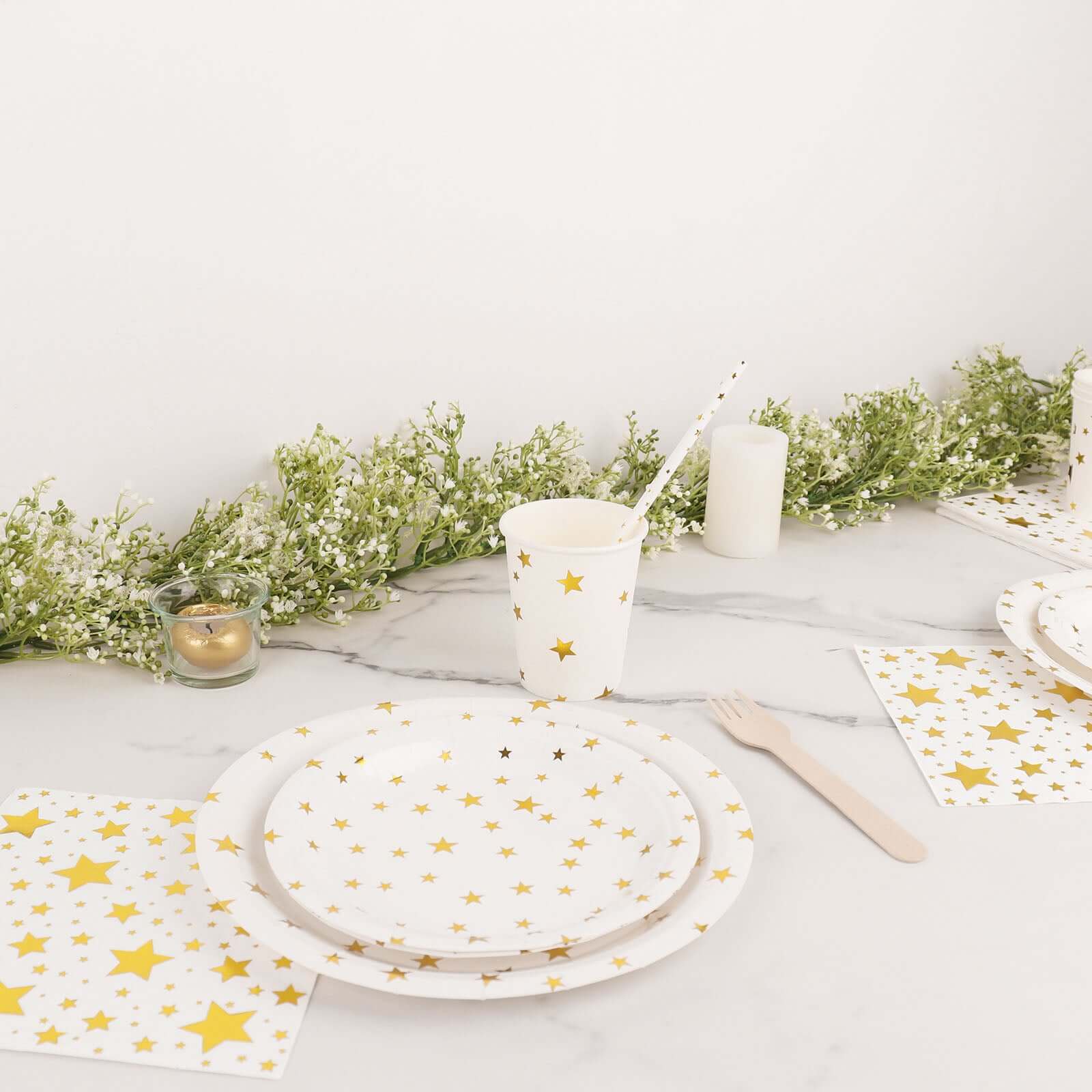 120 Pcs Paper Dinnerware Set White with Gold Stars Design - Disposable Tableware Combo-Pack with Plates, Cups, and Napkins