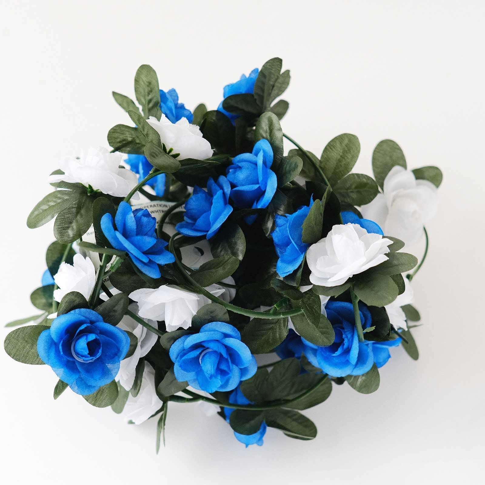 2 Pack 8ft White Royal Blue Artificial Silk Flower Garland Mini Rose Vines with 45 Flower Heads