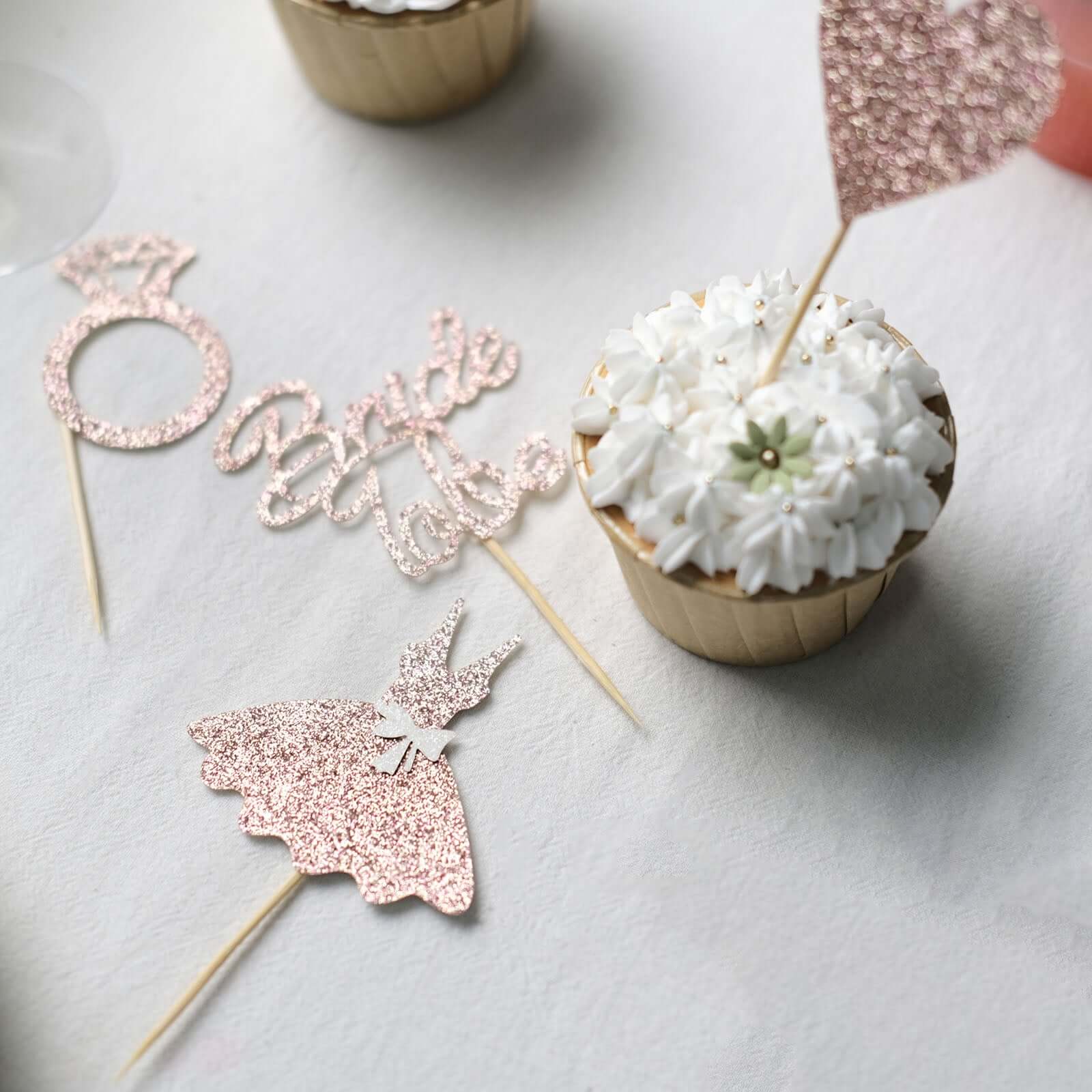 24-Pack Cupcake Topper Picks Bridal Shower Design Rose Gold Glitter - Wedding Cake Decoration Supplies Assorted Styles