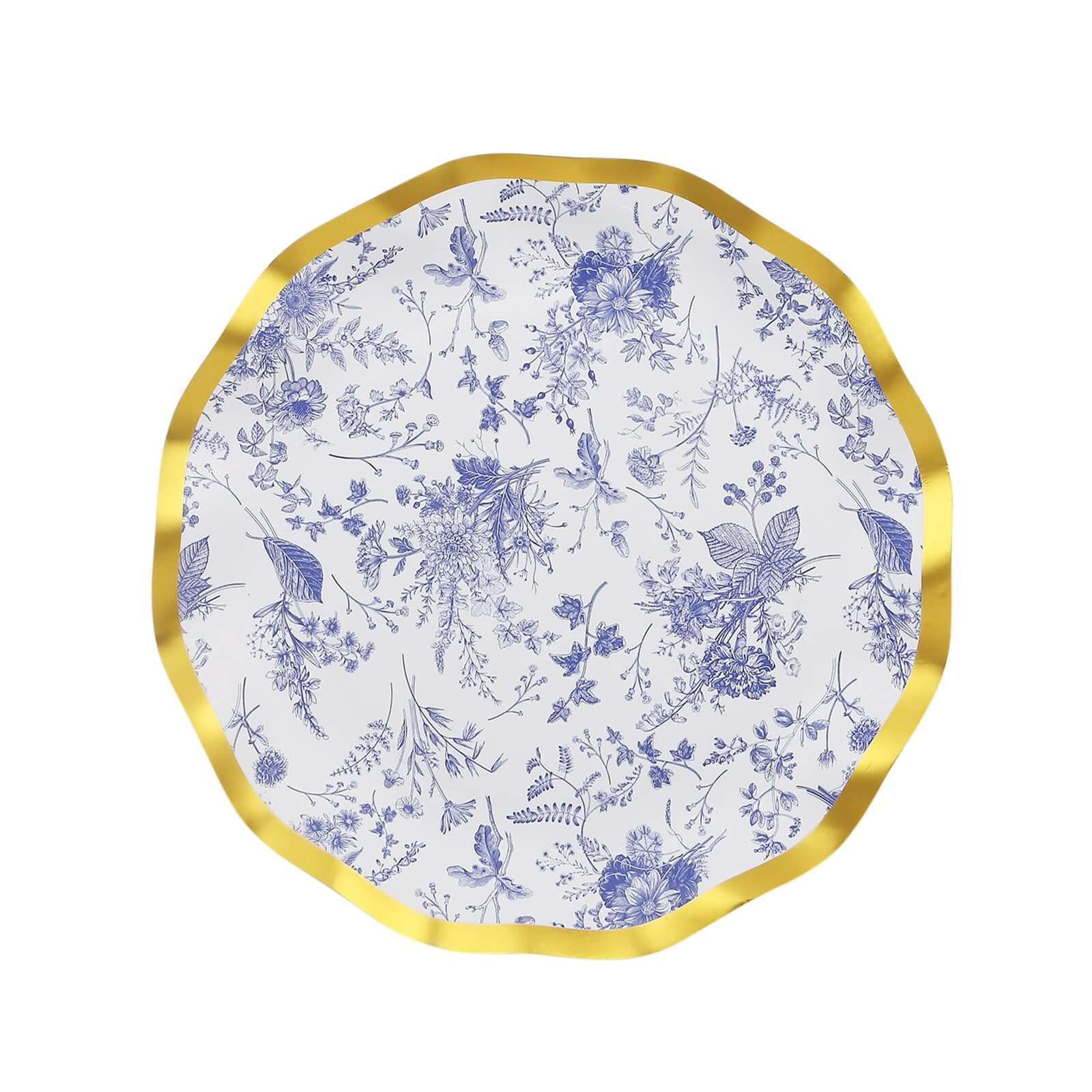 25-Pack Paper Round Dessert Plates 8 in White with Blue French Toile Pattern & Gold Wavy Rim - Disposable 350GSM Salad Plates