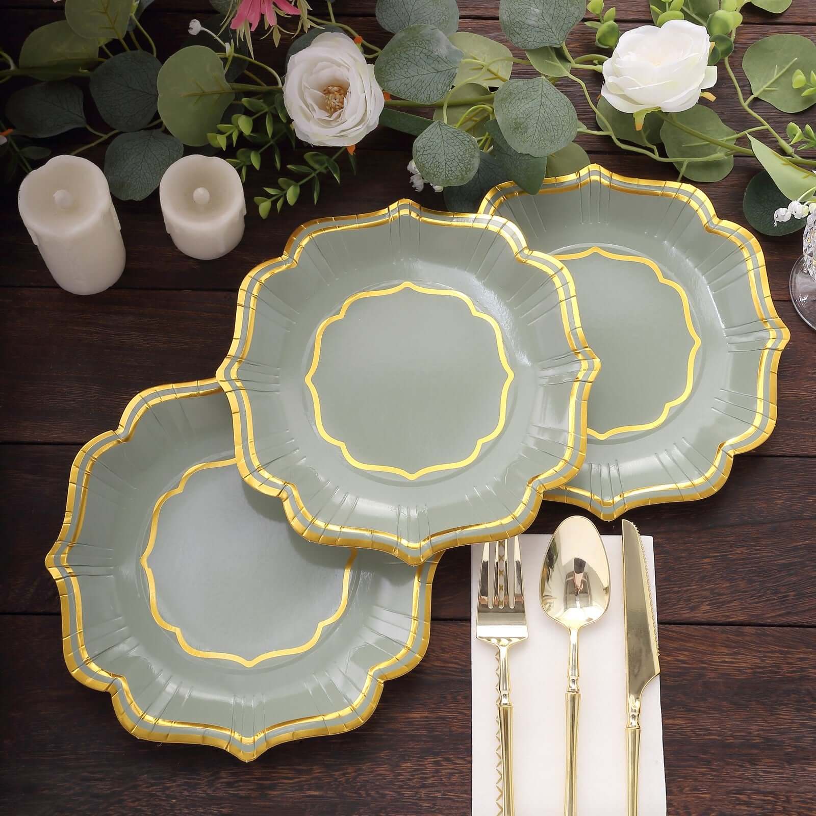 25-Pack Paper Dessert Plates in Sage Green with Gold Scallop Rim - Disposable 300GSM Appetizer Salad Plates 8