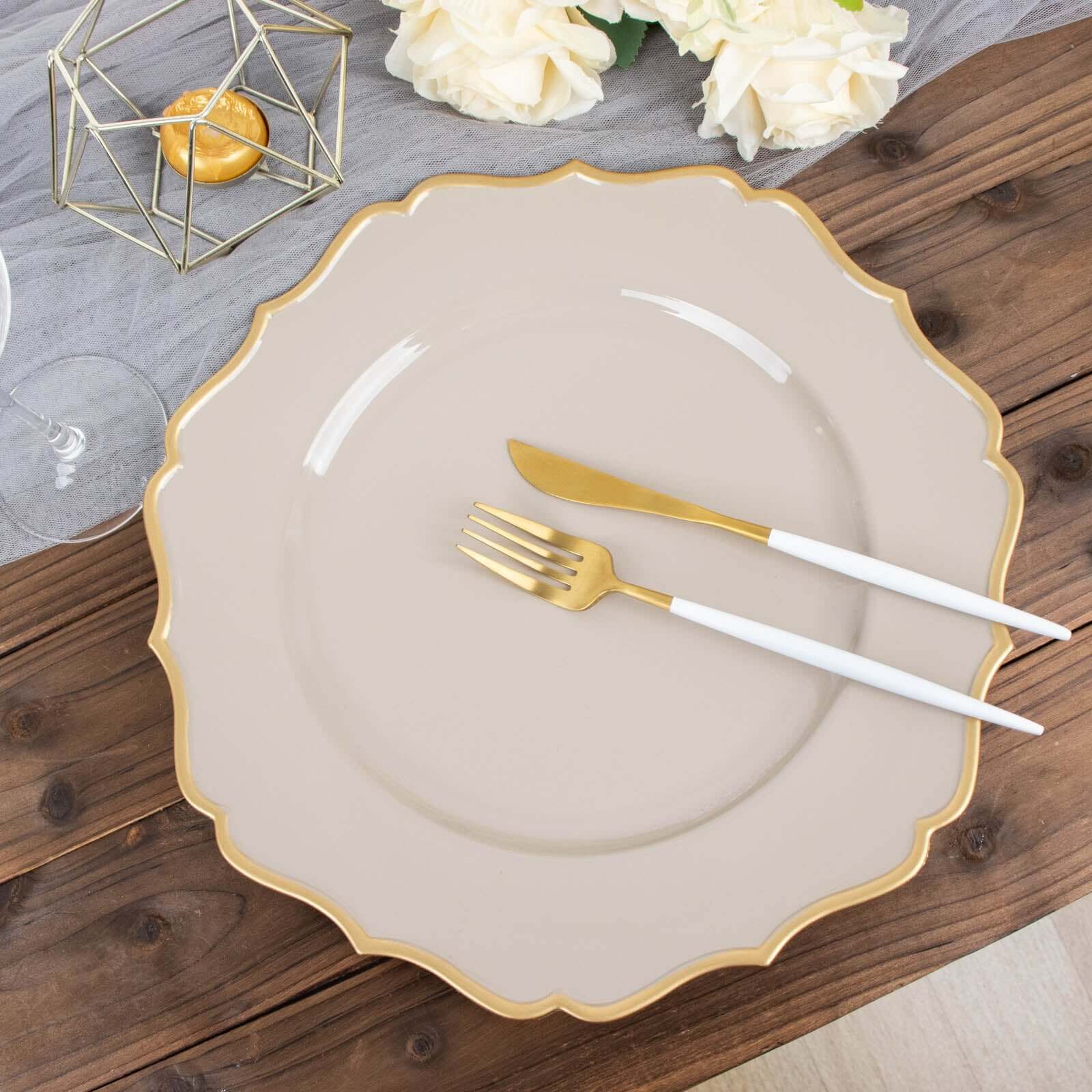 6-Pack Acrylic Round Charger Plates 13 in Taupe with Gold Scalloped Rim, Decorative Dinner Party Plastic Charger Tableware