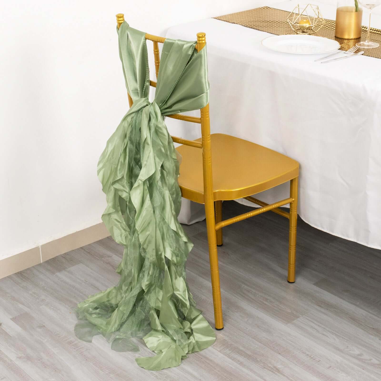 5 Pack Chiffon Satin Chair Sashes Sage Green - Easy to Install Ruffled Curly Willow