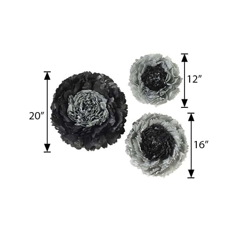 Set of 6 Charcoal Gray Giant Carnation 3D Paper Flowers Wall Decor - 12,16,20