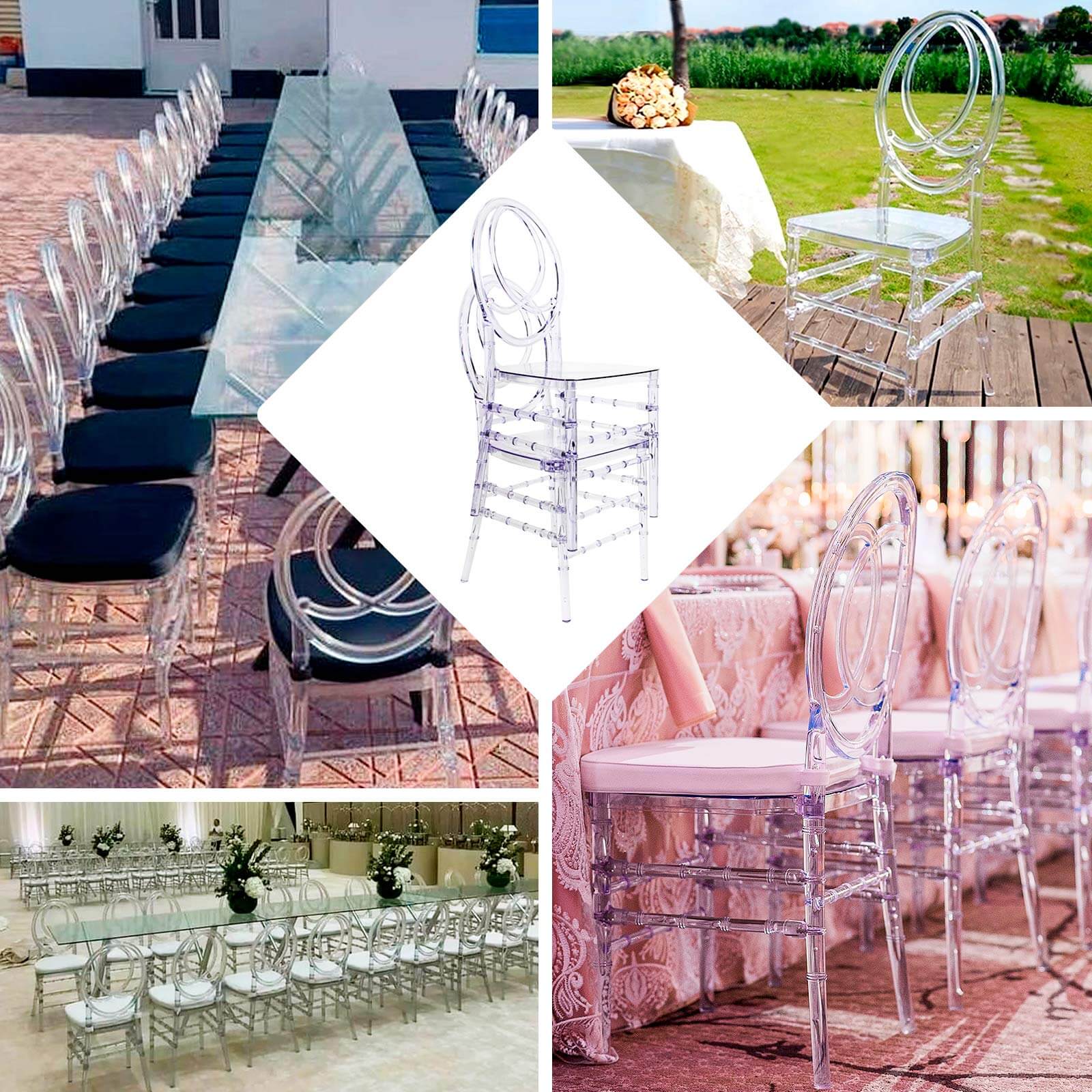 Acrylic Stackable Ghost Chair in Phoenix Chiavari style Transparent Resin with Oval Back Clear - Sleek Armless Design for Weddings & Gatherings