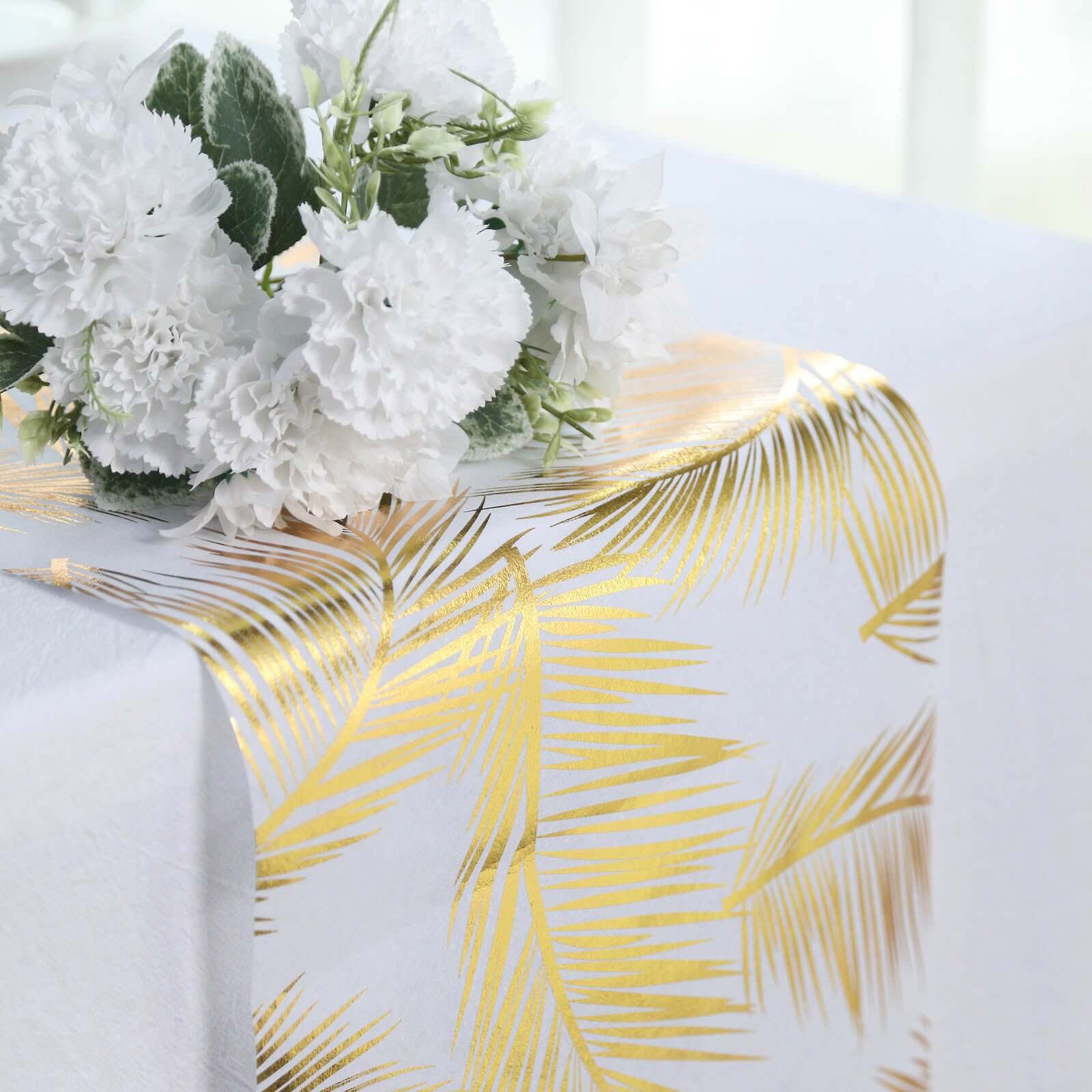 Disposable Table Runner Roll 108 Metallic Gold Foil Palm Leaves Print - Chic Non-Woven Tropical Table Decor for Events