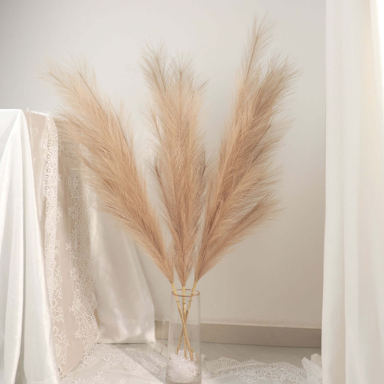 3 Stems Artificial Pampas Grass Decor Taupe - Soft Realistic Faux Ornamental Grass Branches for Rustic Boho Chic Backdrops Floral Styling & Vase Displays 44