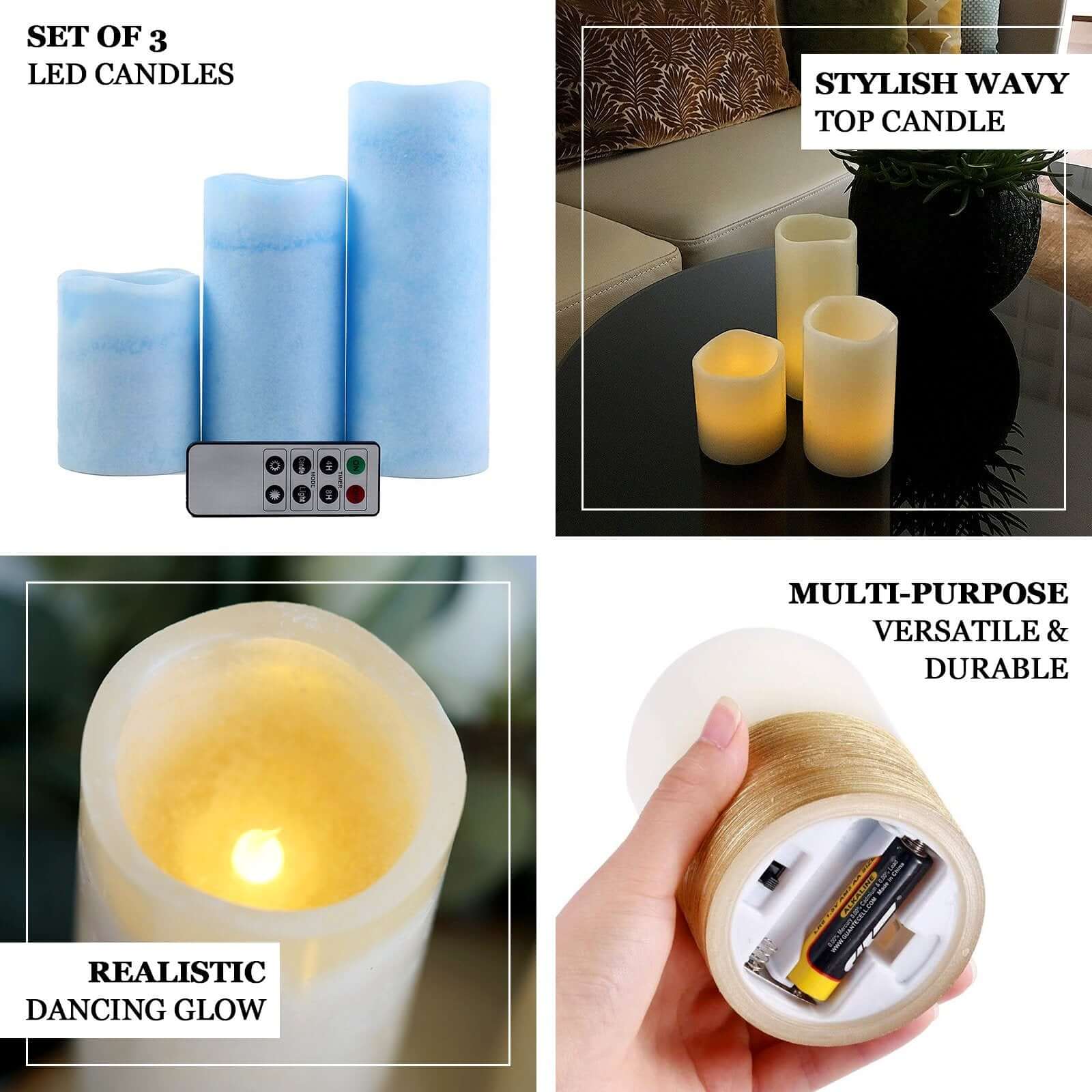 Set of 3 LED Flameless Pillar Candles Remote Operated Metallic Silver - Battery Powered 4, 6, 8