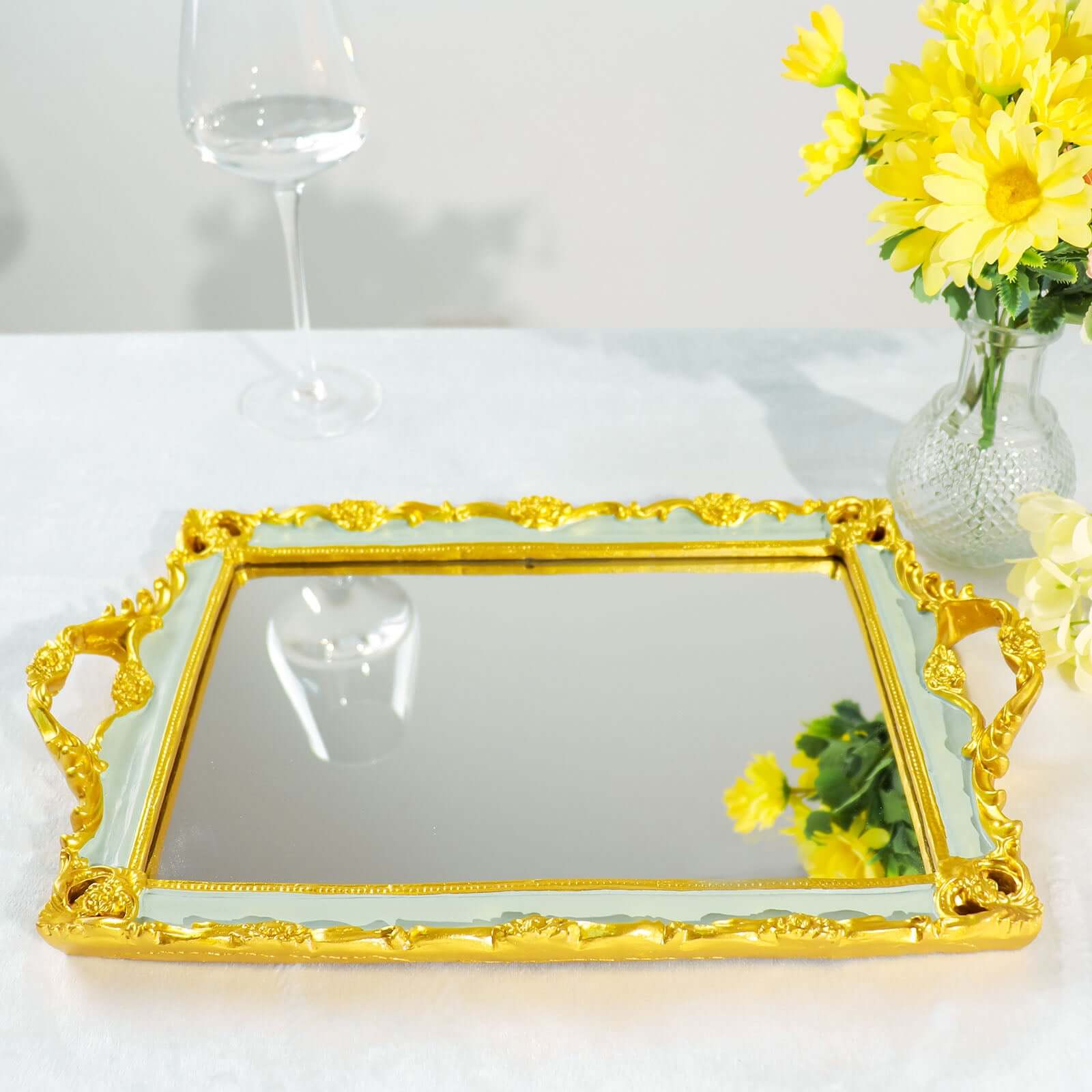 Resin Mirrored Rectangle Serving Tray 15x10 in Mint Green with Gold Baroque Design, Stylish Decorative Vanity Tray Centerpiece