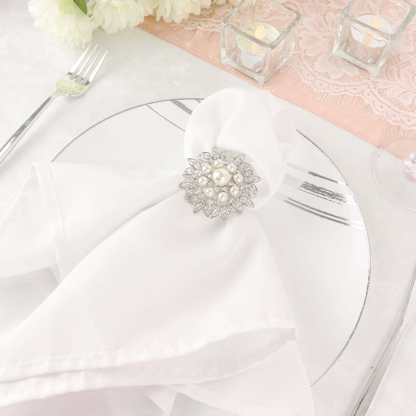 4 Pack Pearl And Diamond Rhinestone Flower Silver Metal Napkin Rings, Decorative Napkin Buckle Holders