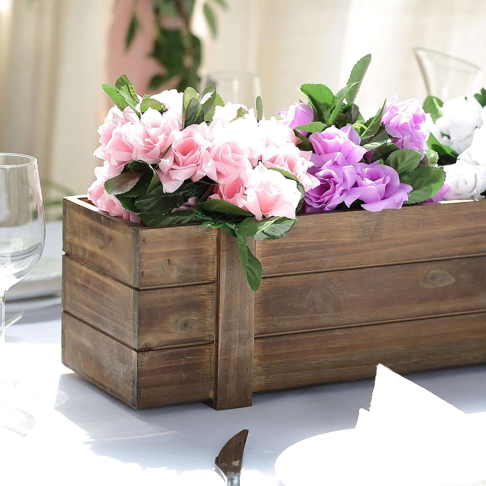 Rustic Wood Planter Box Smoked Brown - Durable Table Decor with Removable Plastic Liner 30x6