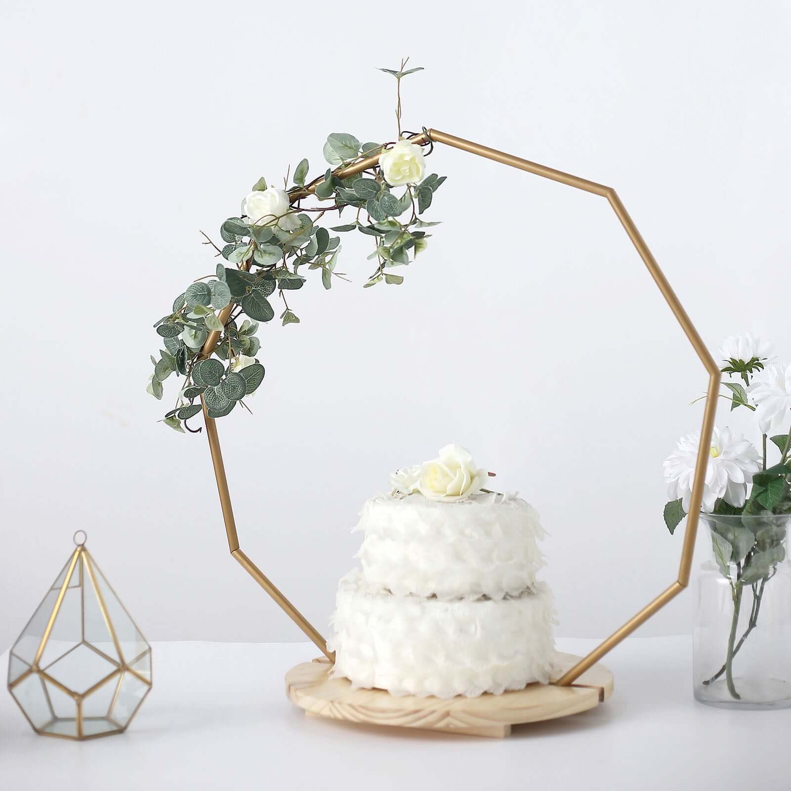 Metal Nonagon Floral Hoop Cake Stand Gold - Chic Geometric Dessert Display DIY Centerpiece Table Decoration With Wooden Base 27