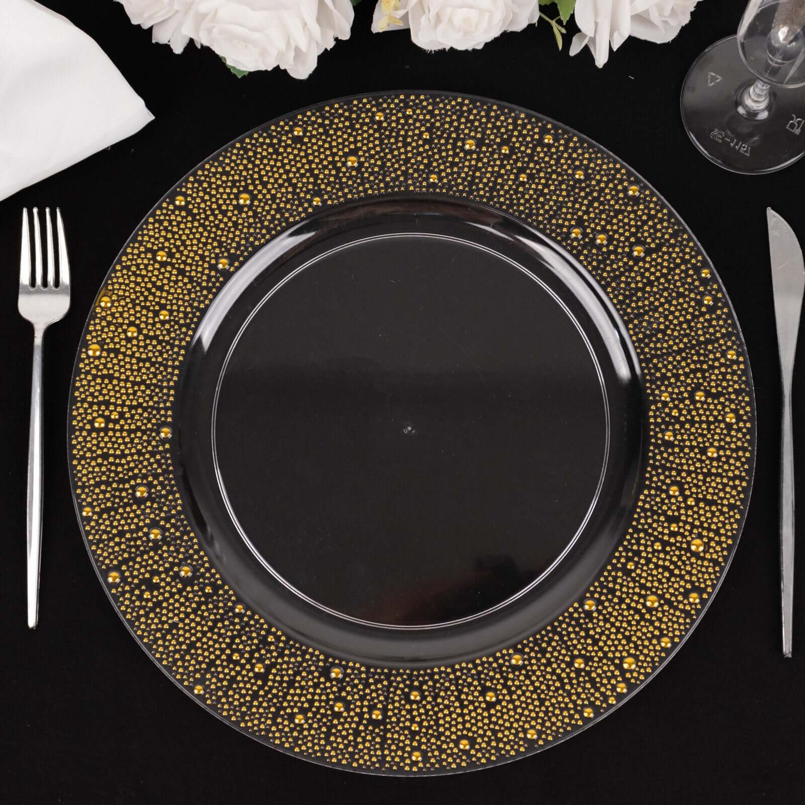 6-Pack Plastic Round Charger Plates 13 in Clear with Gold Pearl Beaded Rim, Upscale Dinner Serving Plates