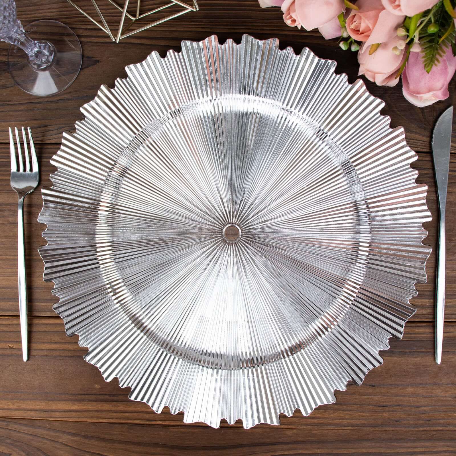 6-Pack Acrylic Plastic Round Charger Plates 13 in Metallic Silver with Sunray Scalloped Rim, Decorative Dinner Party Charger Tableware