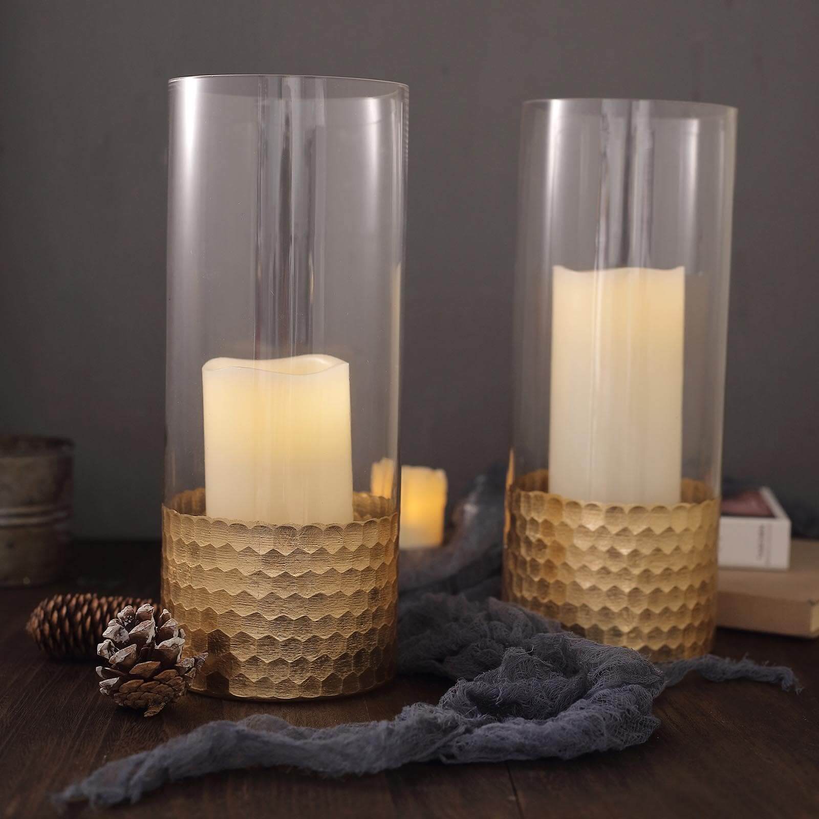 2-Pack Glass Cylinder Vases Honeycomb Design Clear with Gold Base - Decorative Candle Holder Centerpieces 12