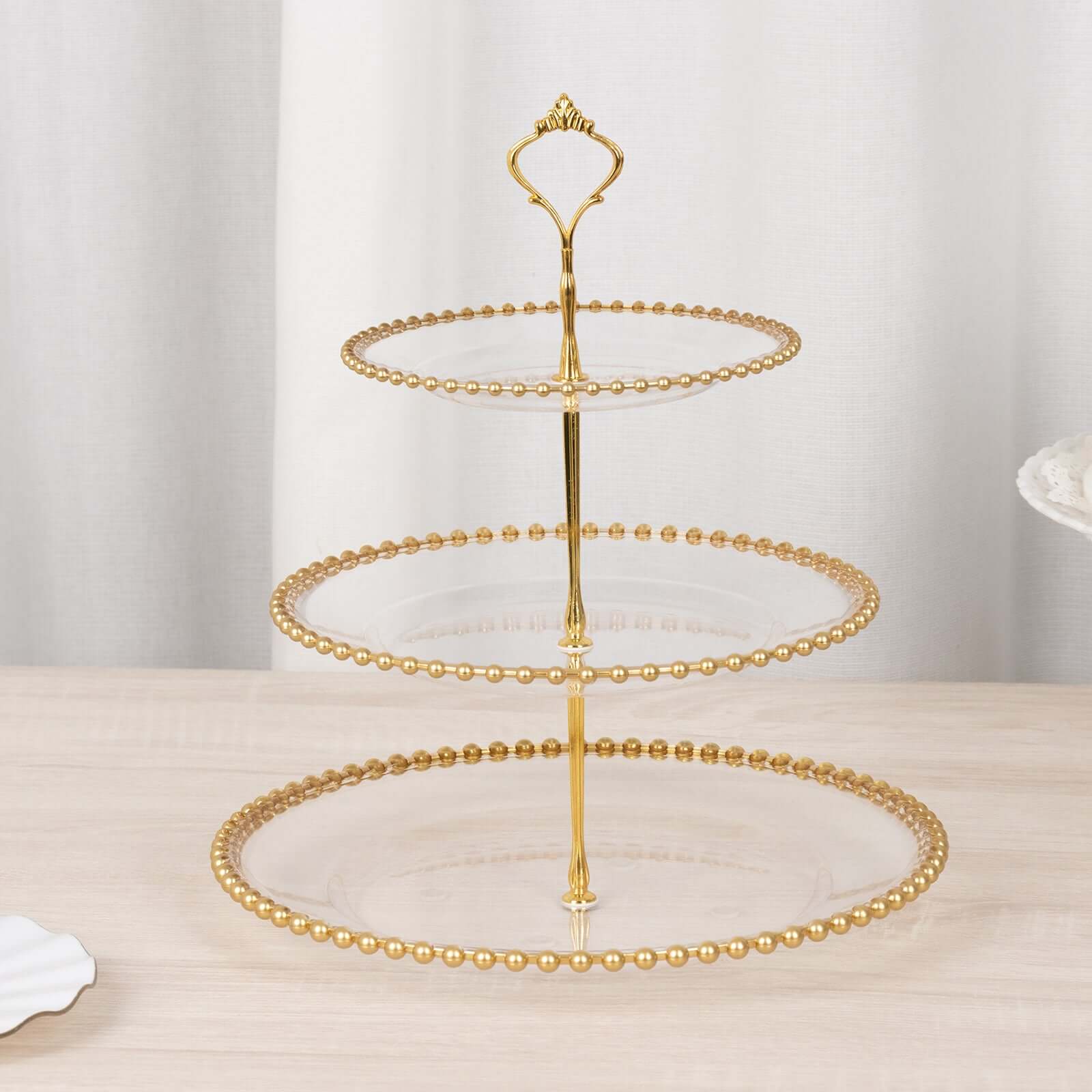 3-Tier Plastic Round Cupcake Tower Stand Clear - Versatile Dessert Display Tea Party Serving Platter with Gold Beaded Rim & Top Handle 14