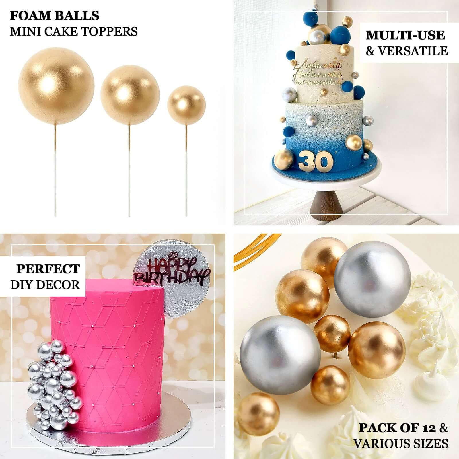 12 Pcs Cake Topper Picks Faux Pearl Ball Design Gold - Foam Balloon DIY Cupcake Decor Supplies Assorted Sizes