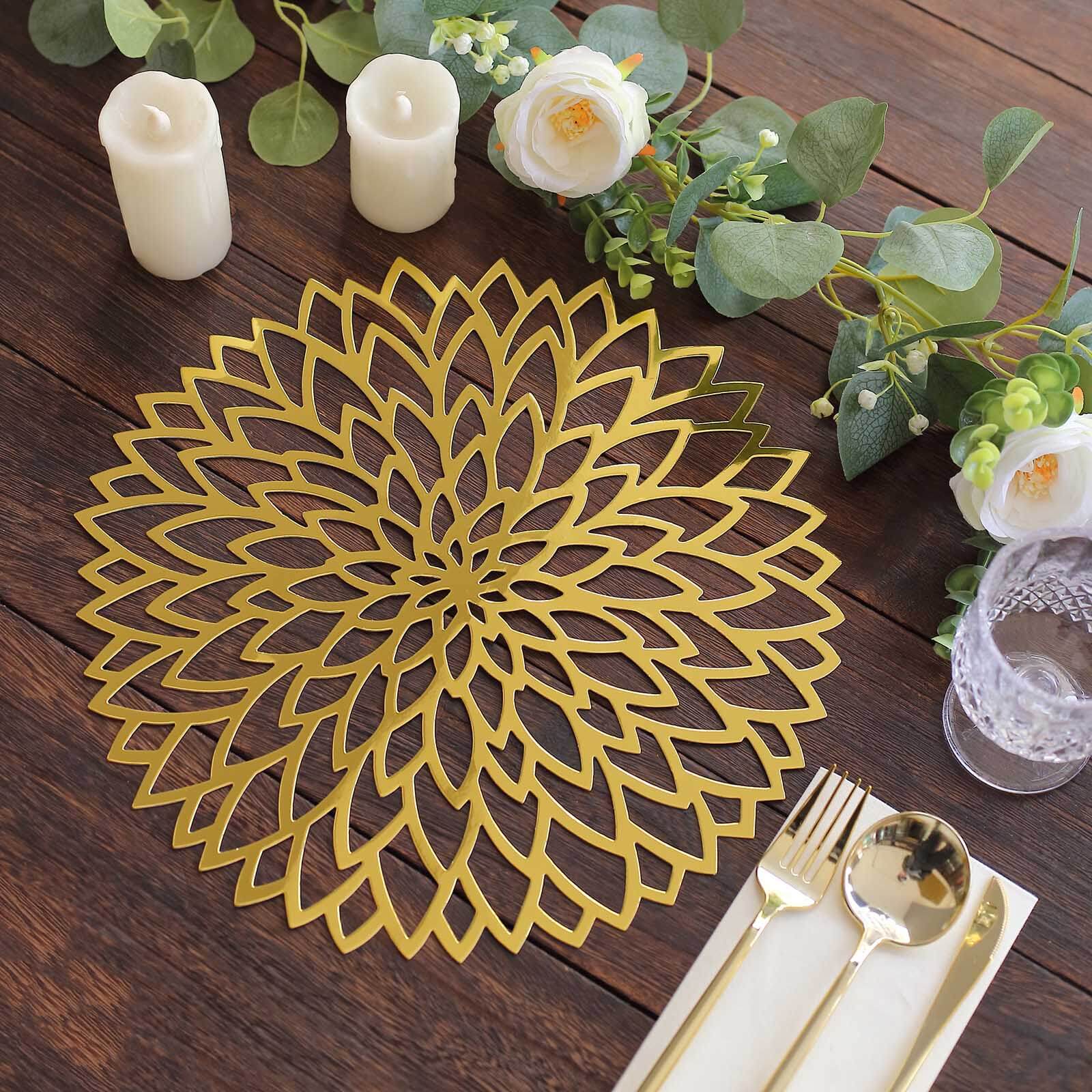 6-Pack Disposable Table Placemats in Metallic Gold with Laser Cut Hibiscus Flower Design - 400GSM Cardboard Placemats for Glamorous Table Decor 13