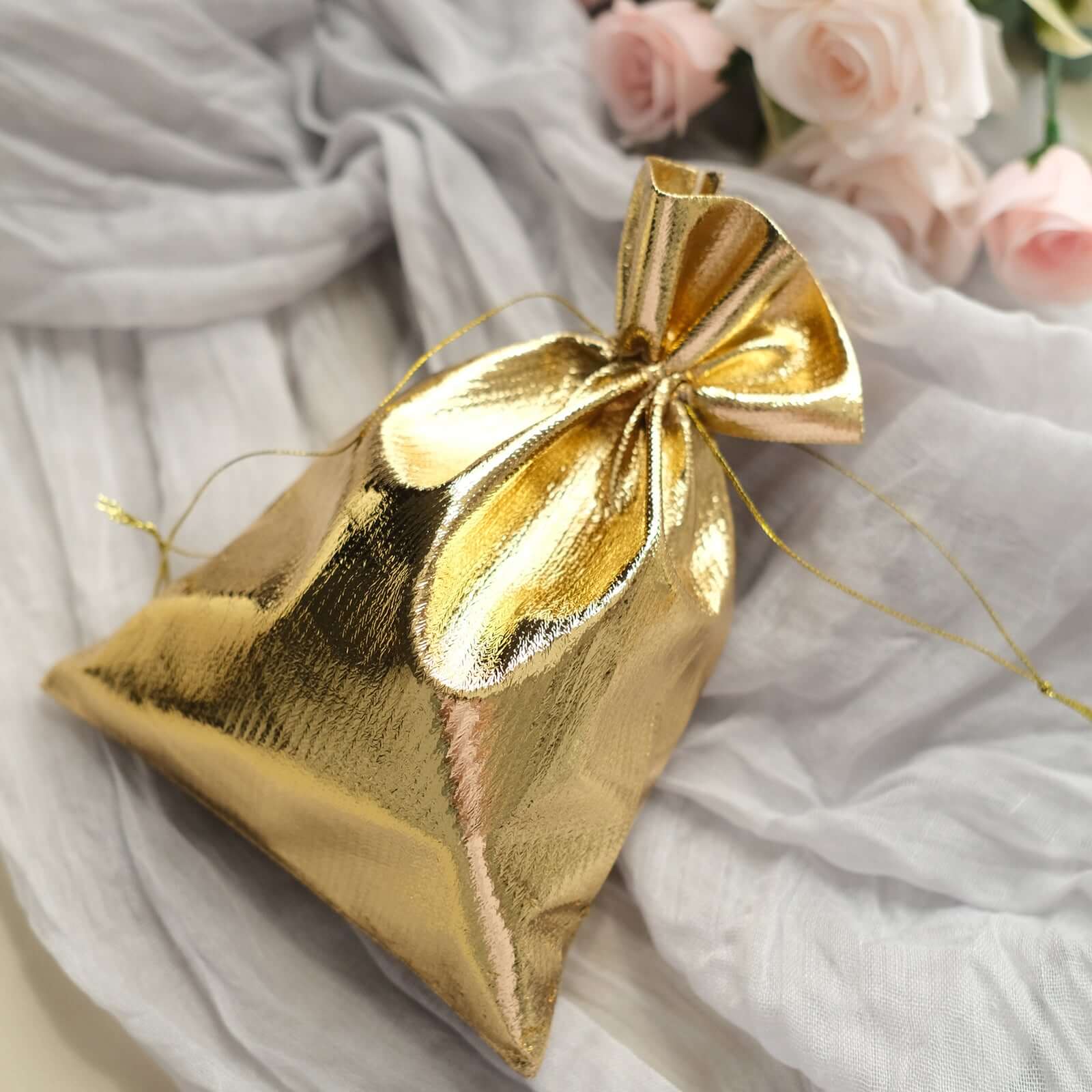 10 Pack Metallic Gold Lame Polyester 5x7 Party Favor Gift Bags, Shiny Fabric Drawstring Candy Pouch