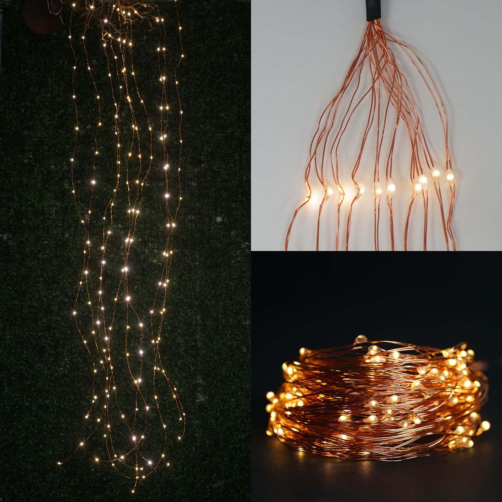 200 LED Fairy Waterfall String Lights Warm White Waterproof Copper Strands - Battery Operated Décor 8ft