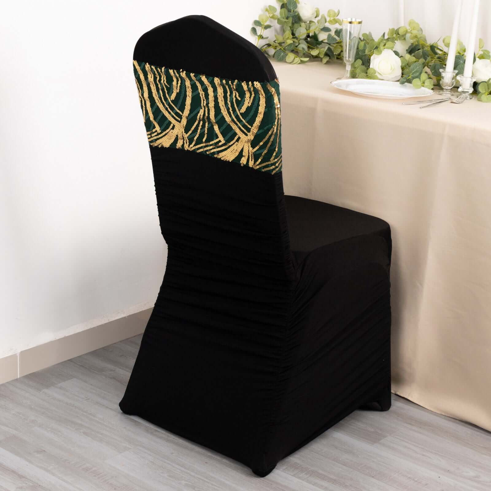 5 Pack Chair Sash Bands with Wave Embroidered Sequins Hunter Emerald Green/Gold