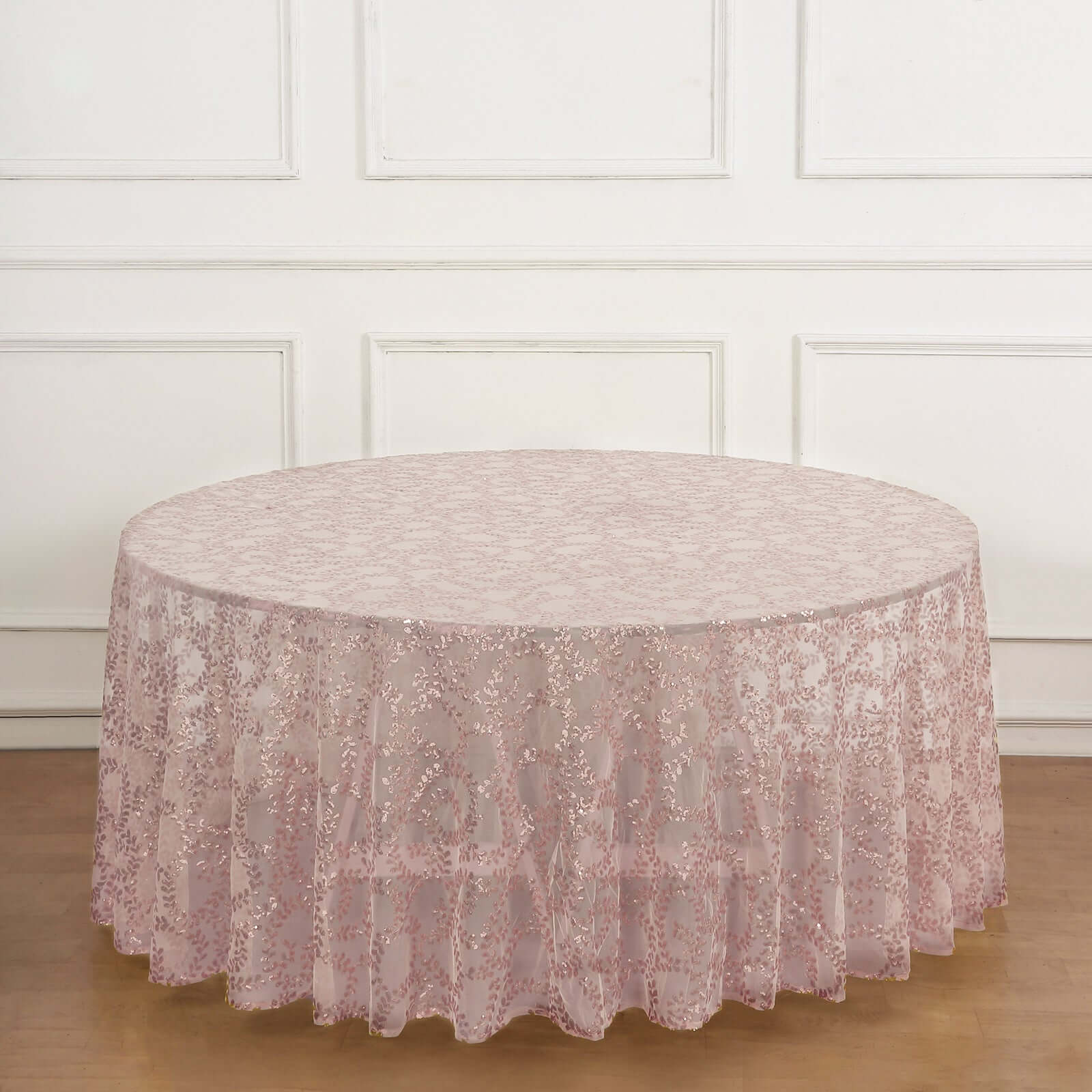 Tulle 120 Round Tablecloth Rose Gold - Seamless Sequin Leaf Embroidered Table Cover