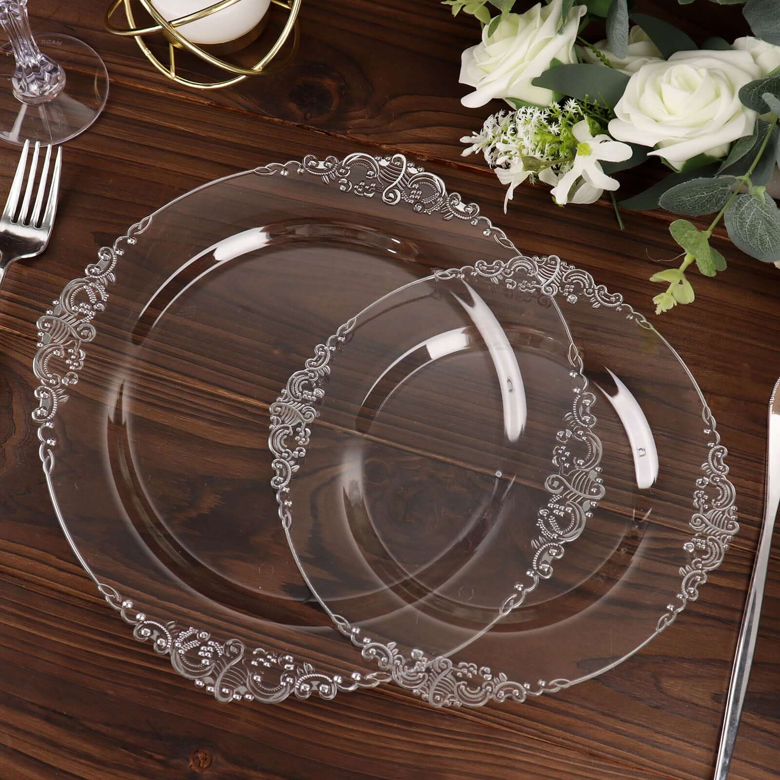 10-Pack Plastic 8 Round Dessert Plates in Clear with Silver Leaf Embossed Rim - Disposable Vintage Baroque Style Salad Plates