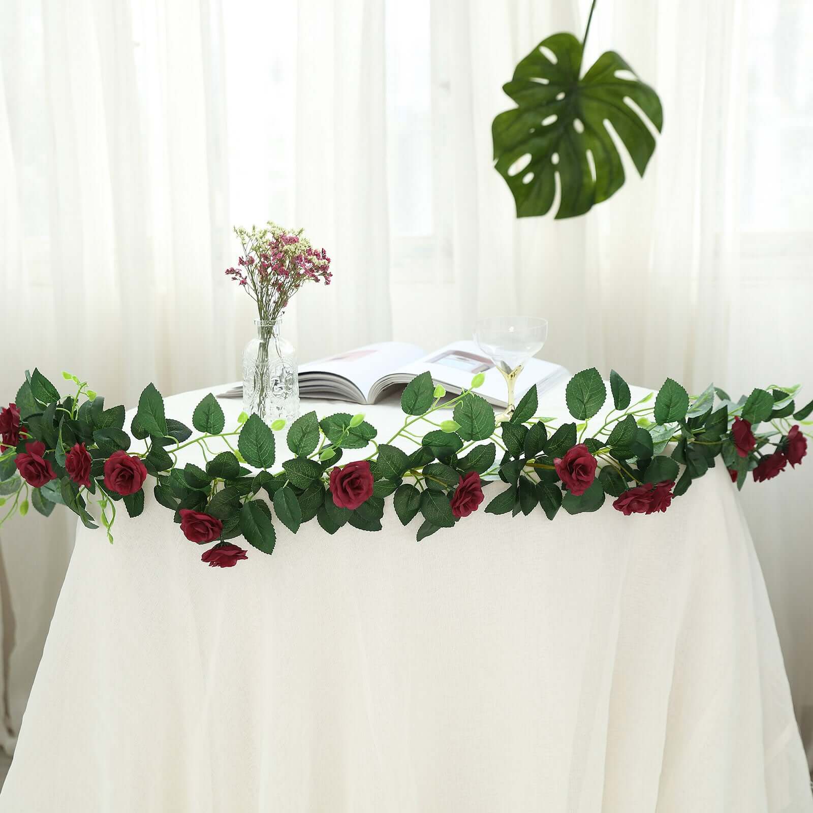 6ft 20 Burgundy Artificial Silk Roses Flower Garland, Hanging Vine