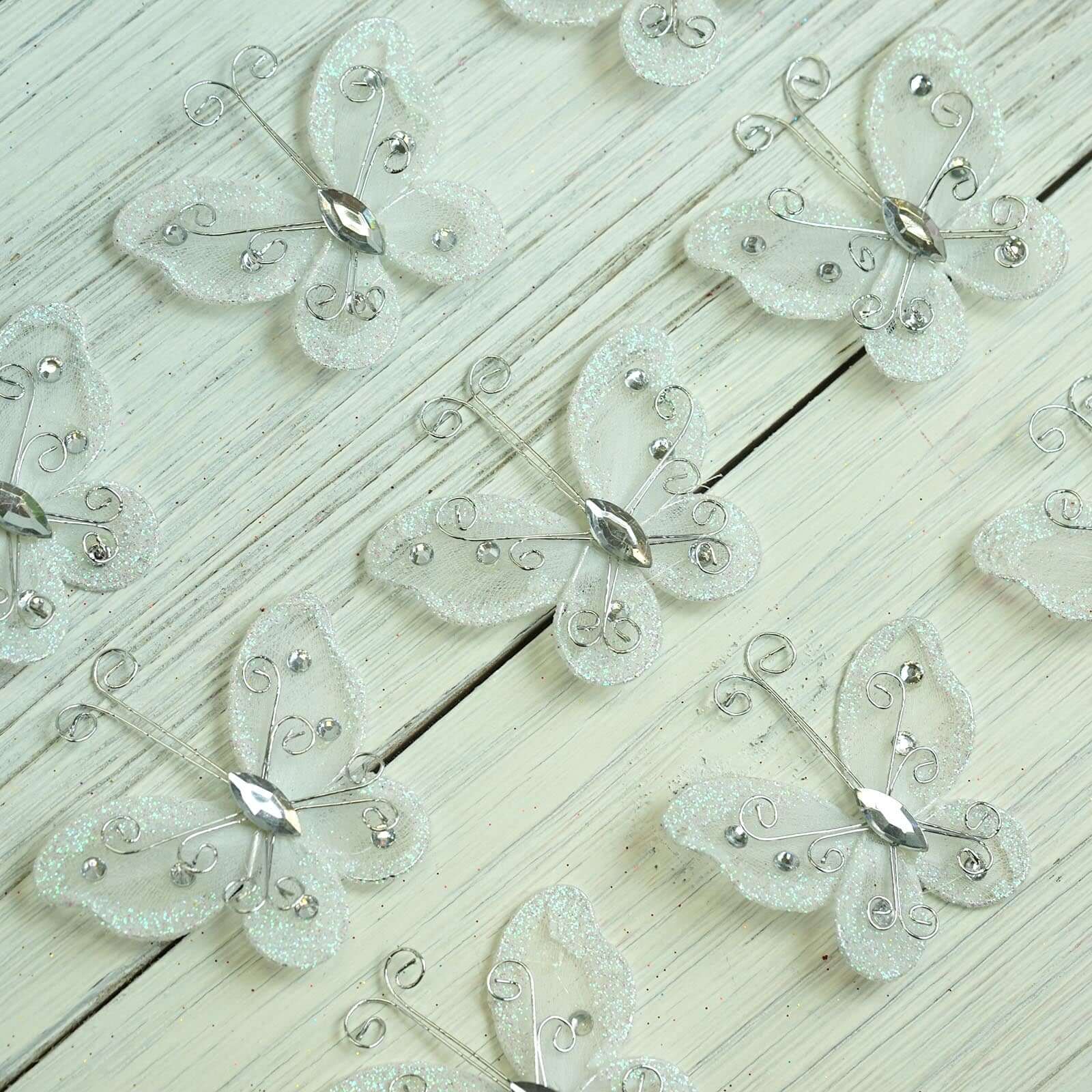 12 Pack 2 White Diamond Studded Wired Organza Butterflies