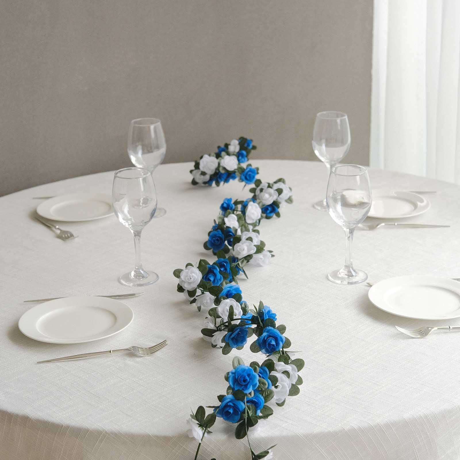 2 Pack 8ft White Royal Blue Artificial Silk Flower Garland Mini Rose Vines with 45 Flower Heads