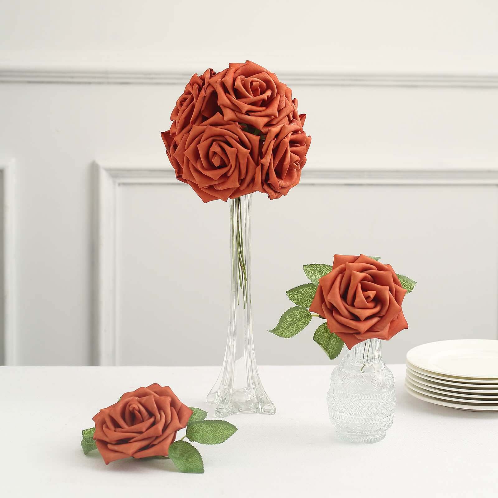 24 Roses 5 Terracotta (Rust) Artificial Foam Flowers With Stem Wire and Leaves