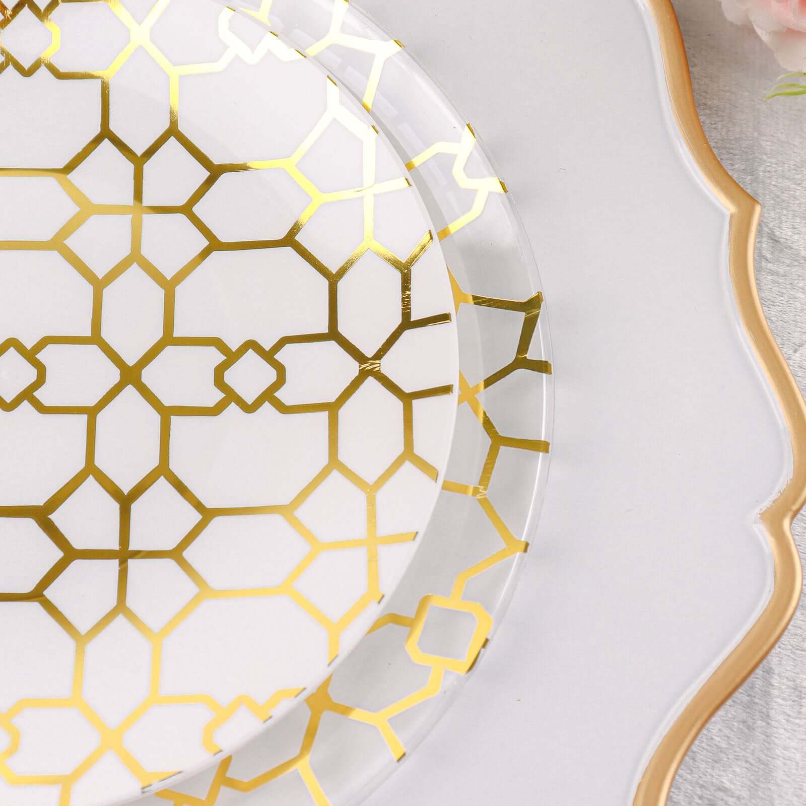 20-Pack Set Plastic Round Dinner and Salad Plates in White & Clear with Geometric Gold Print - Modern Disposable Dinnerware Set for Weddings & Celebrations 9, 7