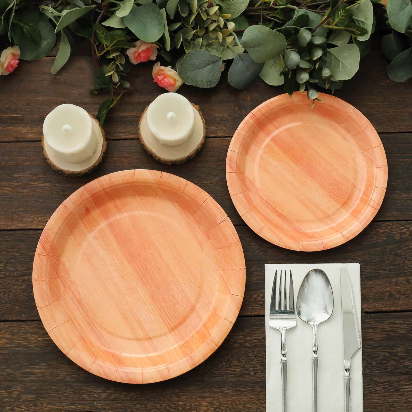 25-Pack Paper 7 Round Dessert Plates in Natural Wood Grain Print - Disposable Appetizer Salad Plates for Rustic Farmhouse Style Events