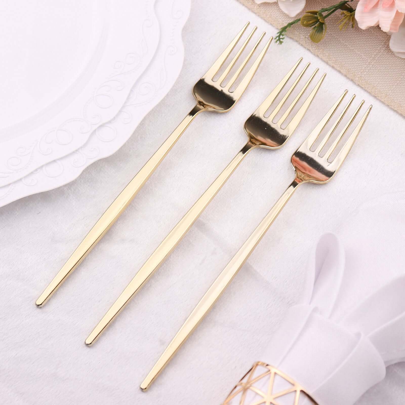 24 Pack 8 Glossy Gold Heavy Duty Plastic Silverware Forks Cutlery, Premium Disposable Sleek Flatware