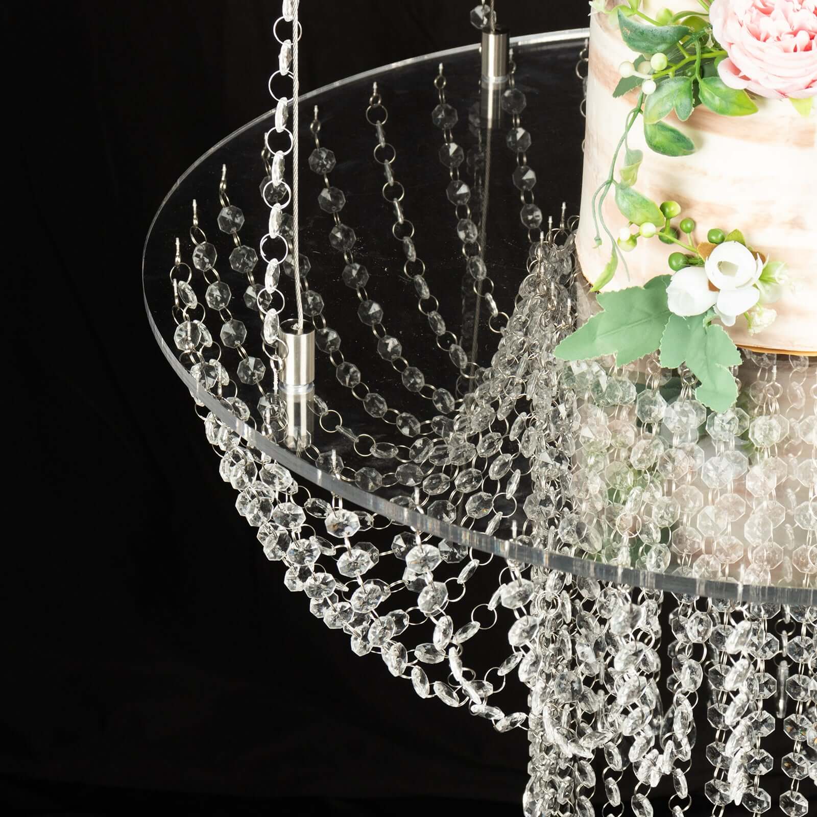 Acrylic Hanging Chandelier Cake Stand with Crystal Drapes - Suspended Round Wedding Cake Swing with 5ft Steel Wire Chains 25