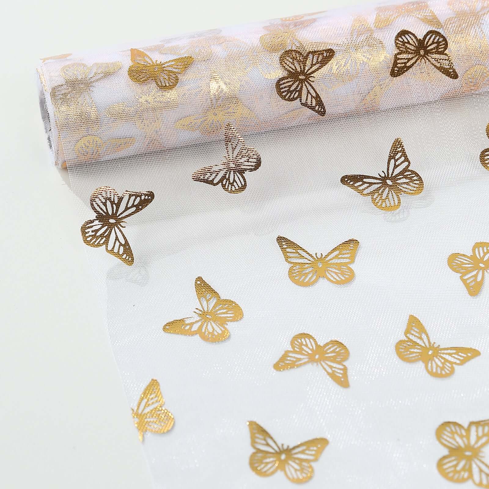 5 Pack Sheer Organza 11x108 Table Runner Rolls White Disposable with Metallic Gold Foil Butterflies Motifs