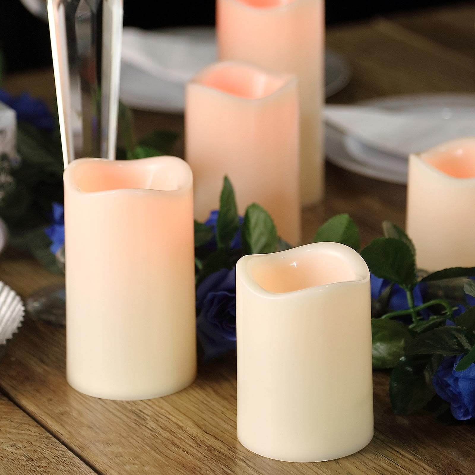 Set of 5 LED Flickering Pillar Candles Color Changing Ivory with Remote - Battery Operated 4, 5, 6