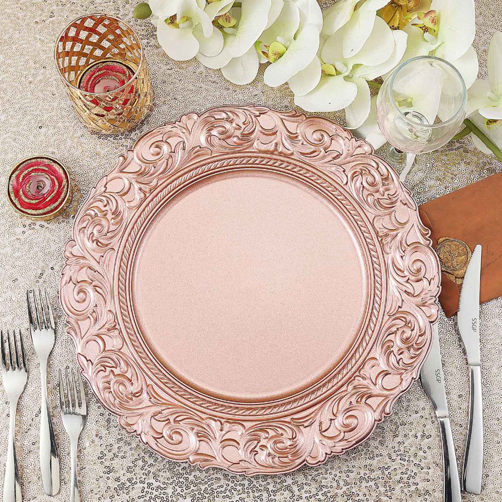 6-Pack Acrylic Round Charger Plates 14 in Rose Gold with Engraved Baroque Rim, Vintage Disposable Decorative Chargers