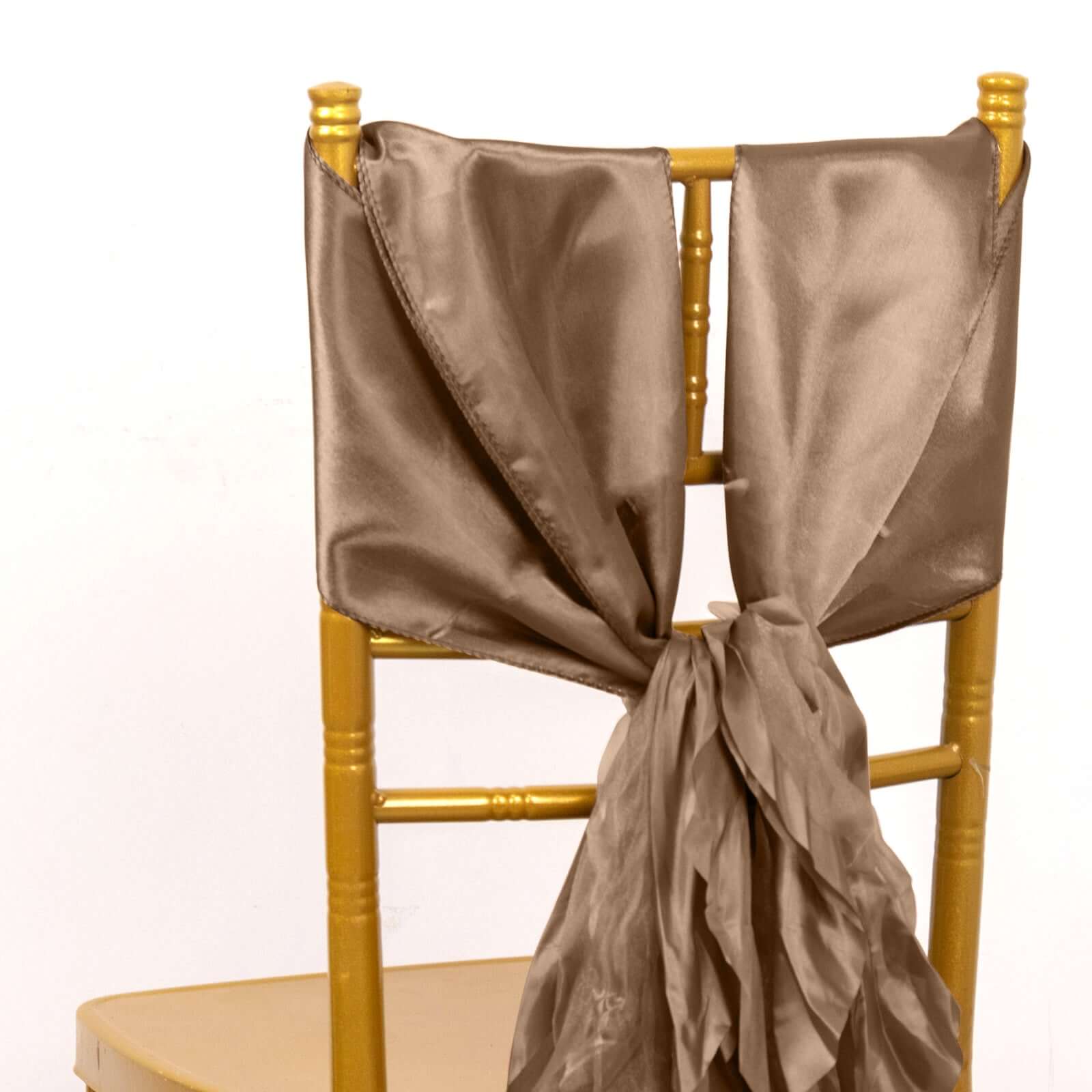 5 Pack Chiffon Satin Chair Sashes Taupe - Easy to Install Ruffled Curly Willow