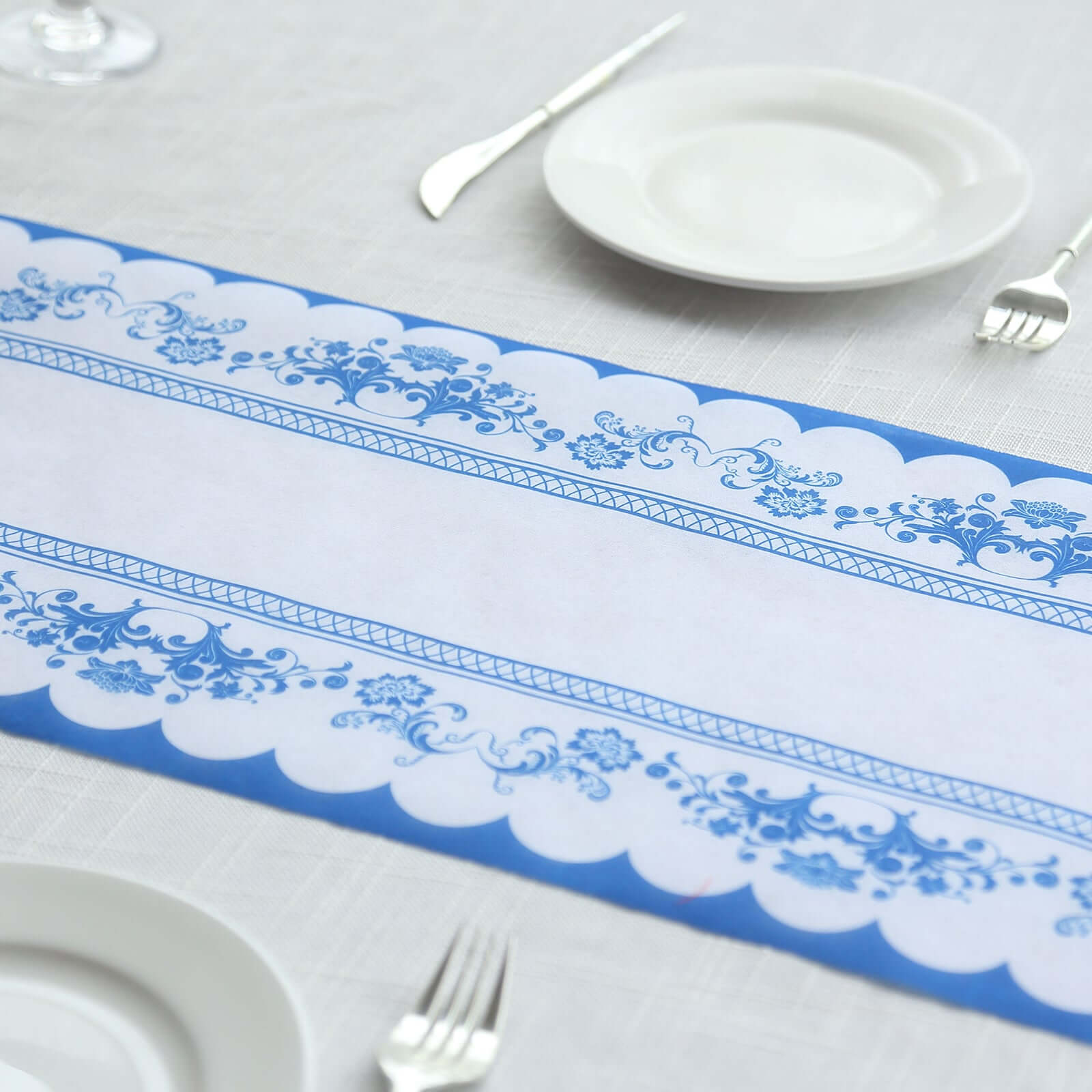 5 Pack Disposable Table Runners 11x108 White with Blue Ornate Floral Prints - Non-woven Stylish Kitchen Dining Table Decor