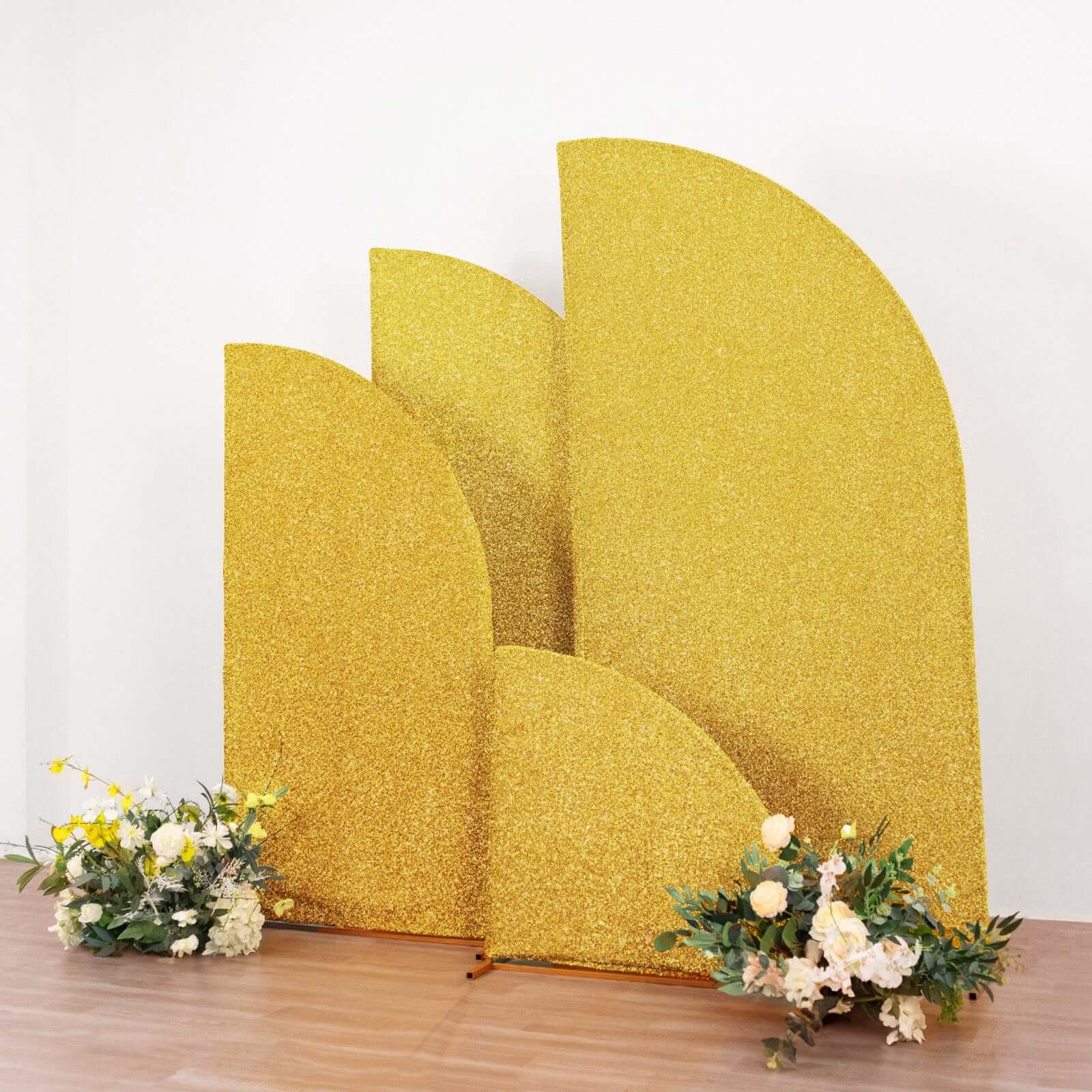 Set of 4 Gold Chiara Wedding Arch Covers Shimmer Tinsel Finish, Fitted Covers For Half Moon Backdrop Stands - 2.5ft, 5ft, 6ft, 7ft