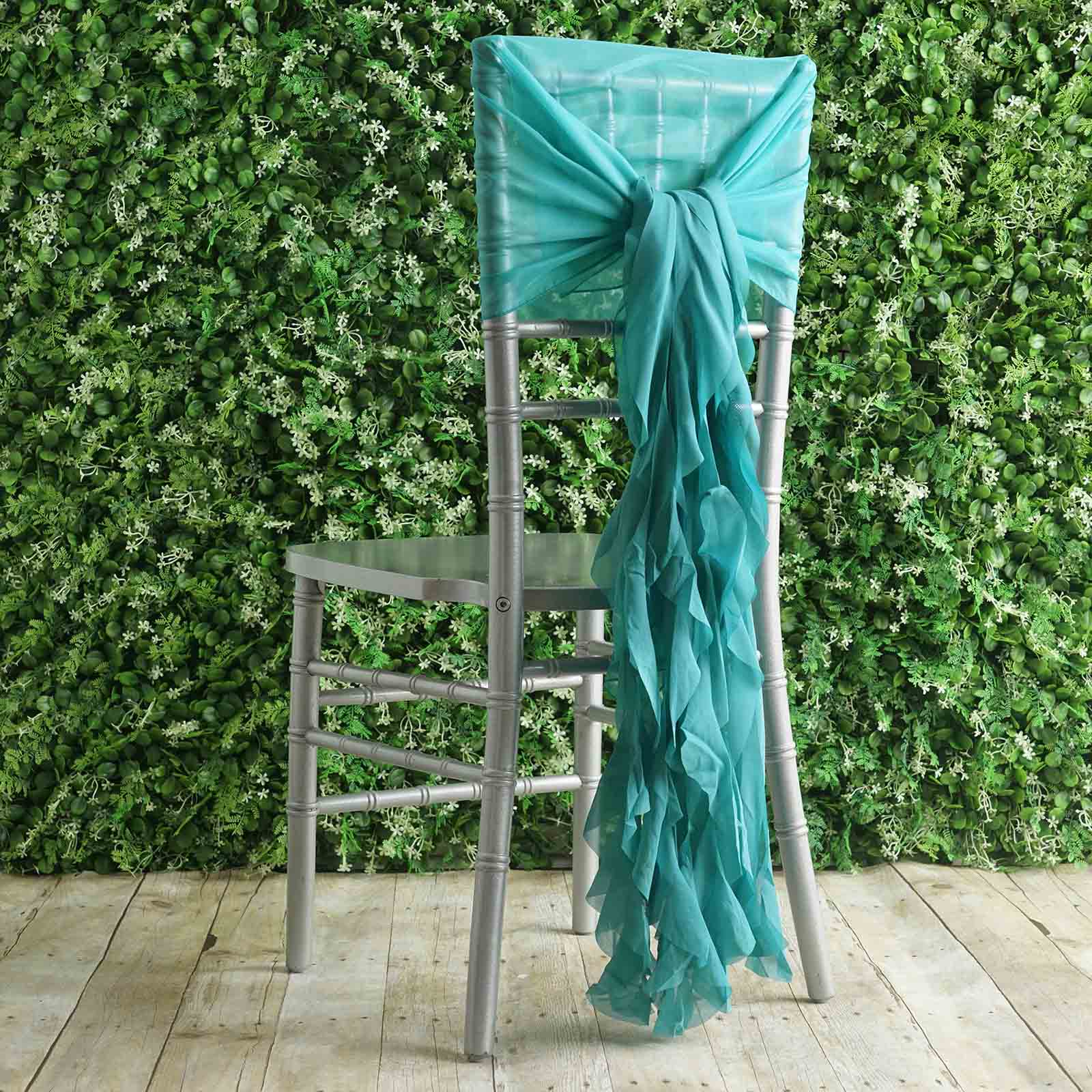 1 Set Chiffon Hoods Chair Sashes with Willow Ruffles Design Turquoise - Stylish Chair Bow Decor