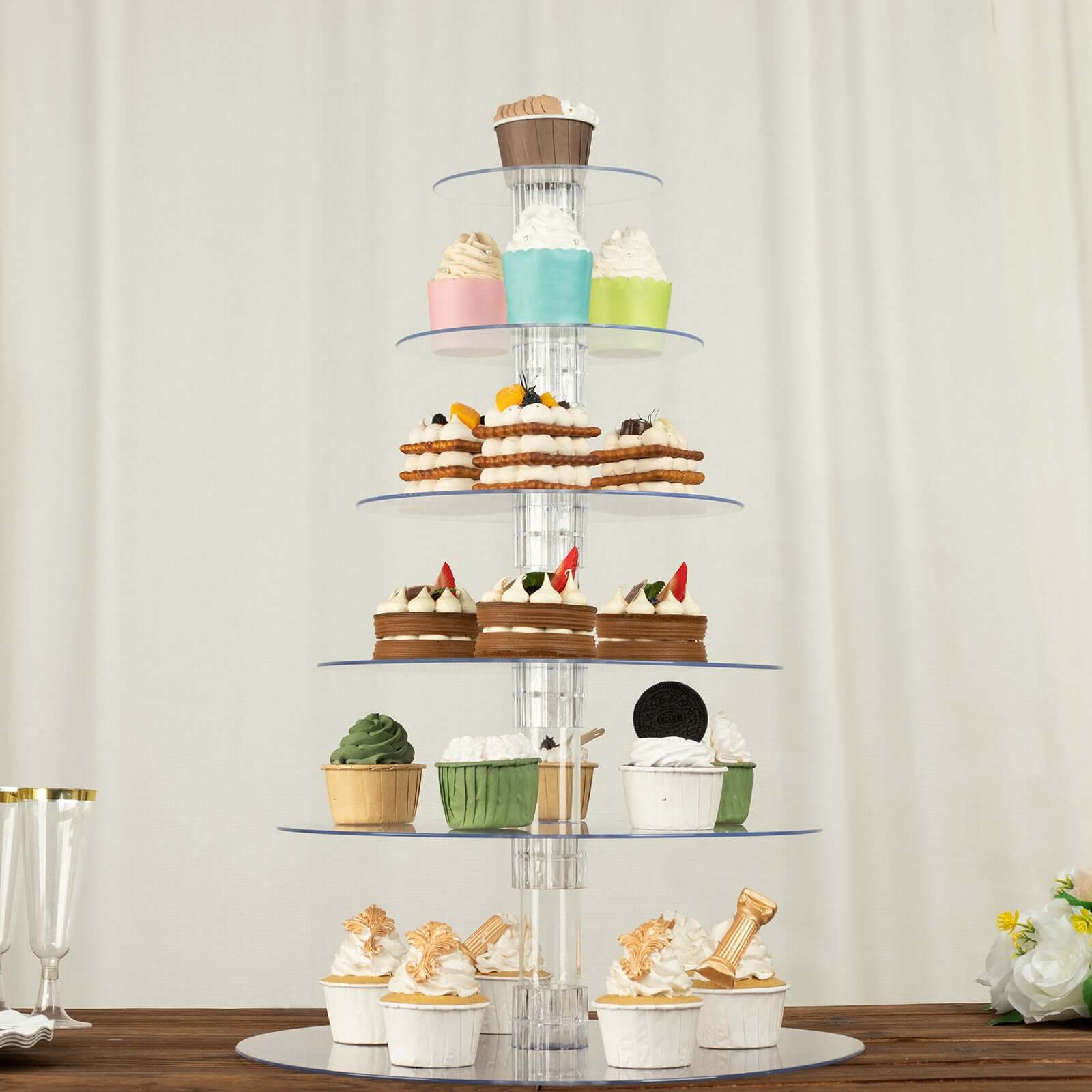 6-Tier Acrylic Round Cupcake Stand Clear - Heavy Duty Reusable Dessert Tower Holder Pastry Display with Film Sheets for Special Events & Catering Displays 22