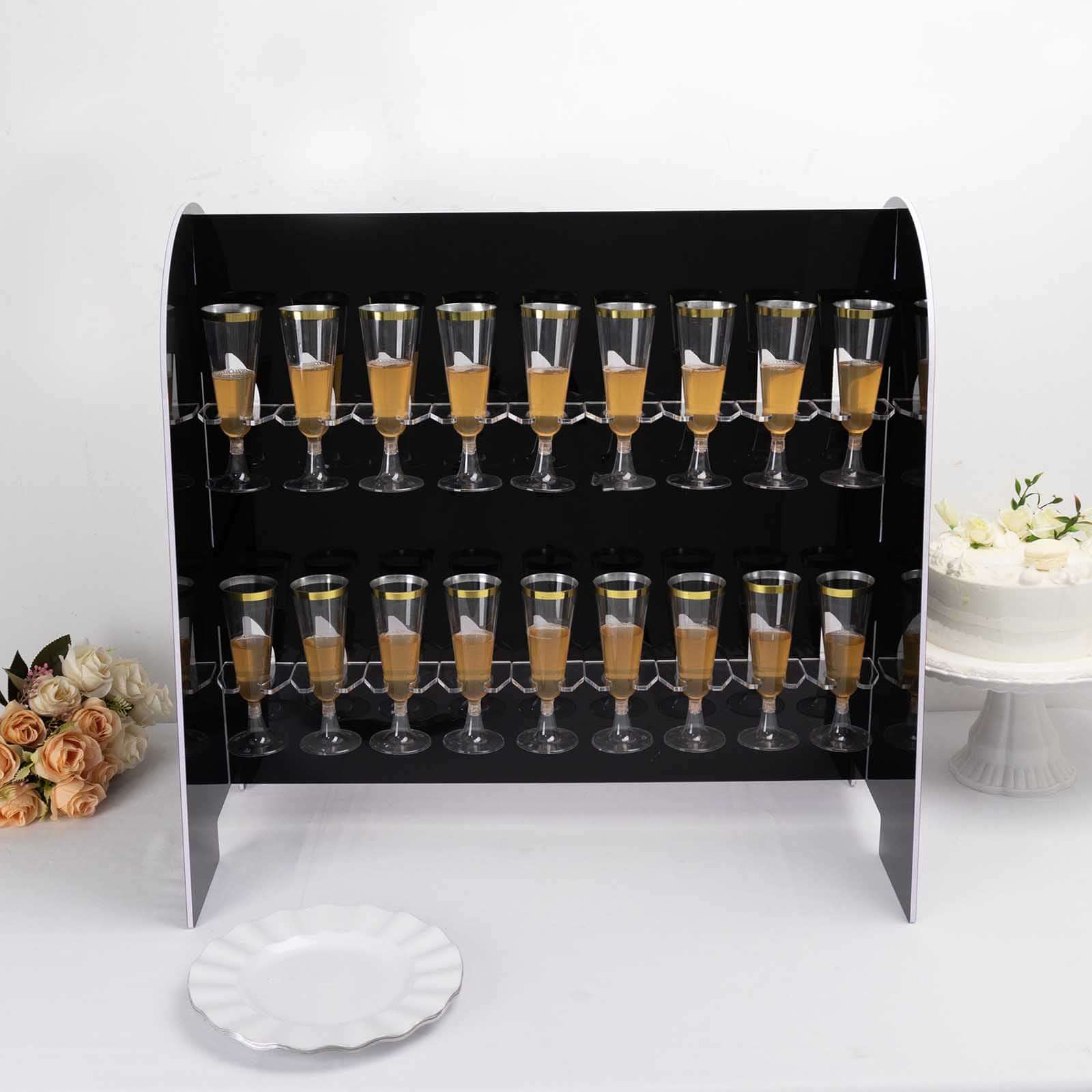 2-Tier Champagne Glass Holder Display Stand Table Top in Glossy Black - Modern Stemware Rack Cocktail Drink Holder with 18 Hooks for Events & DIY Bars 25