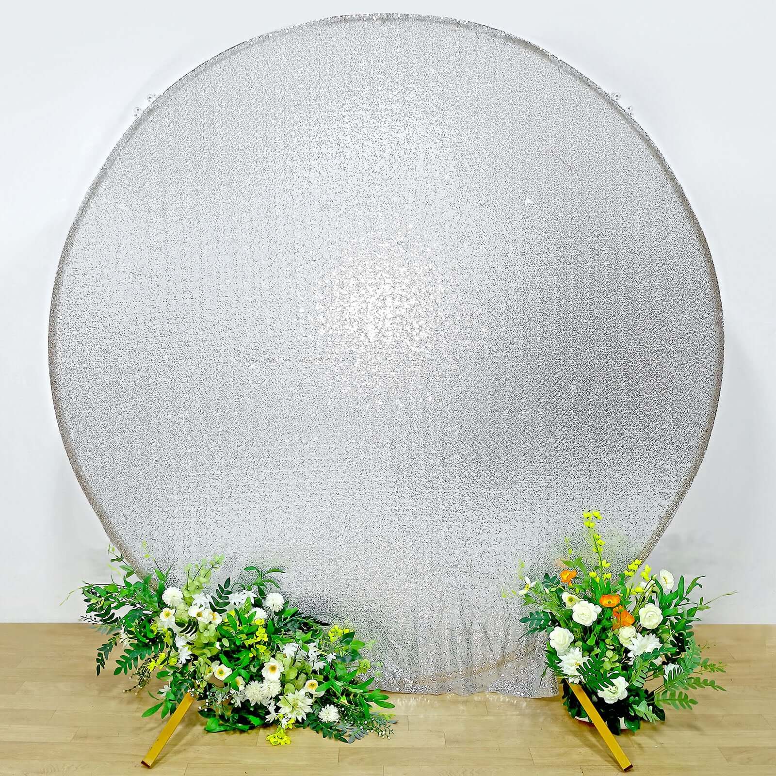 7.5ft Metallic Silver Sparkle Sequin Round Wedding Arch Cover, Shiny Shimmer Photo Backdrop Stand Cover, 2-Sided Custom Fit