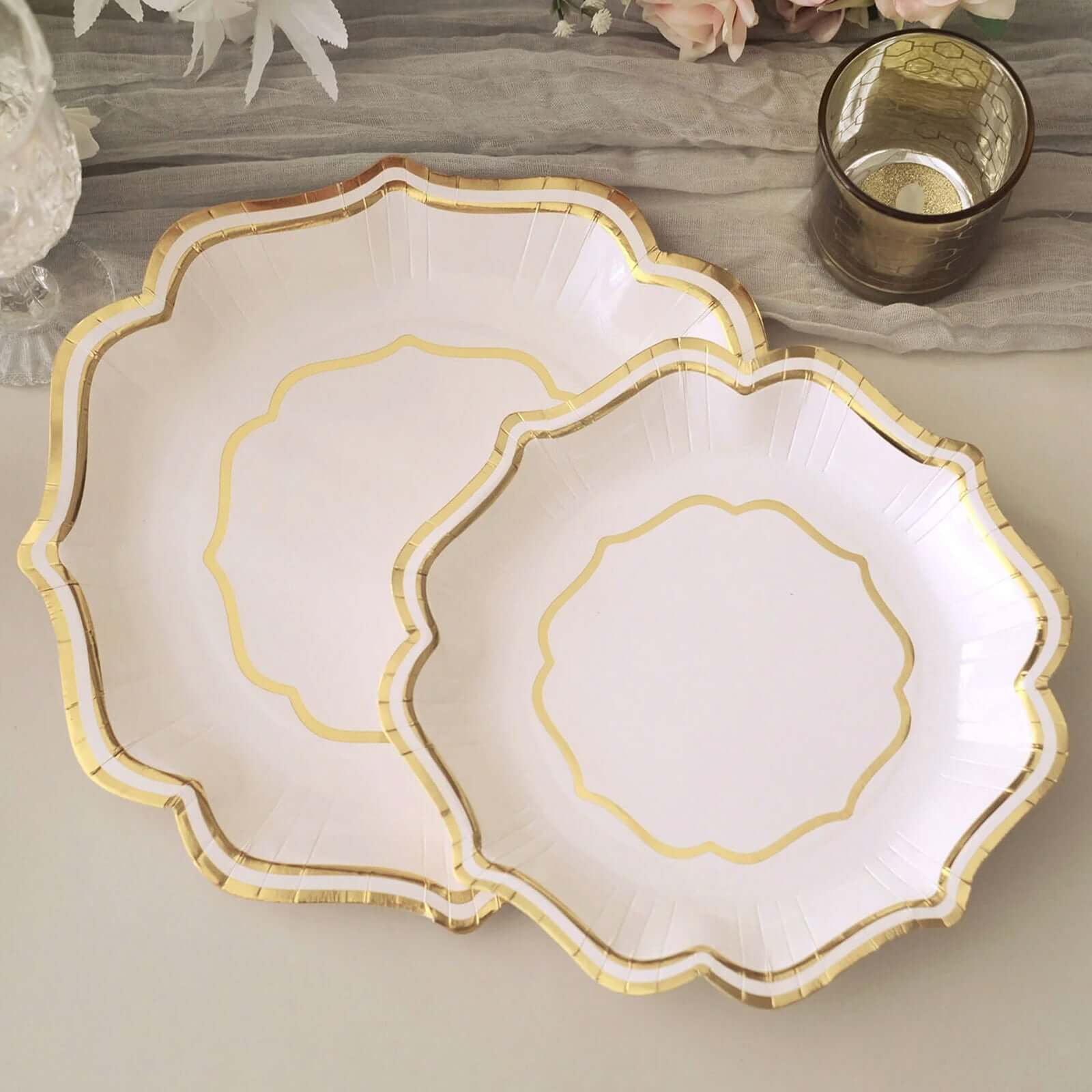 25-Pack Paper Dessert Plates in White with Gold Scallop Rim - Disposable 300GSM Appetizer Salad Plates for Classy Banquets & Celebrations 8
